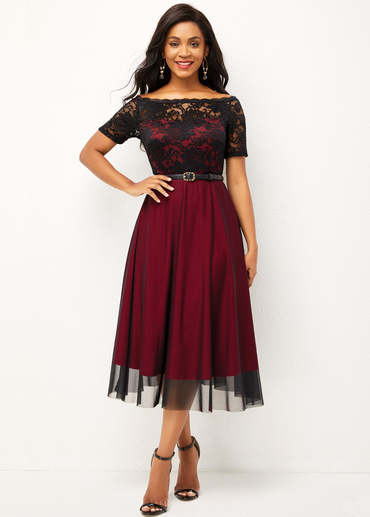 Wine Red dresses,Contrast Color dresses,ROTITA Lace Patchwork Short Sleeve Off Shoulder Dress