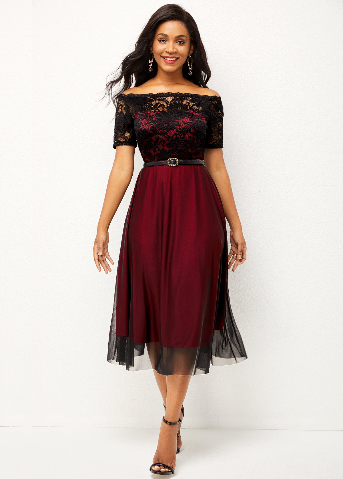 Wine Red dresses,Contrast Color dresses,ROTITA Lace Patchwork Short Sleeve Off Shoulder Dress