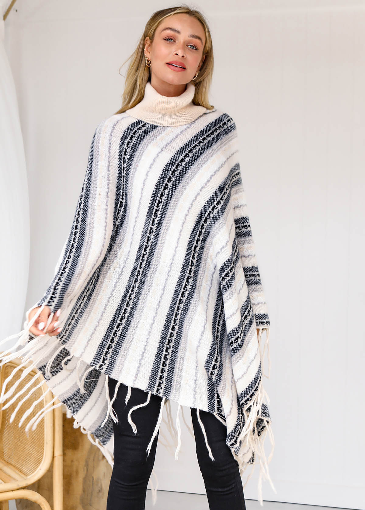 Stripe Print Tassel Turtleneck Long Sleeve Sweater