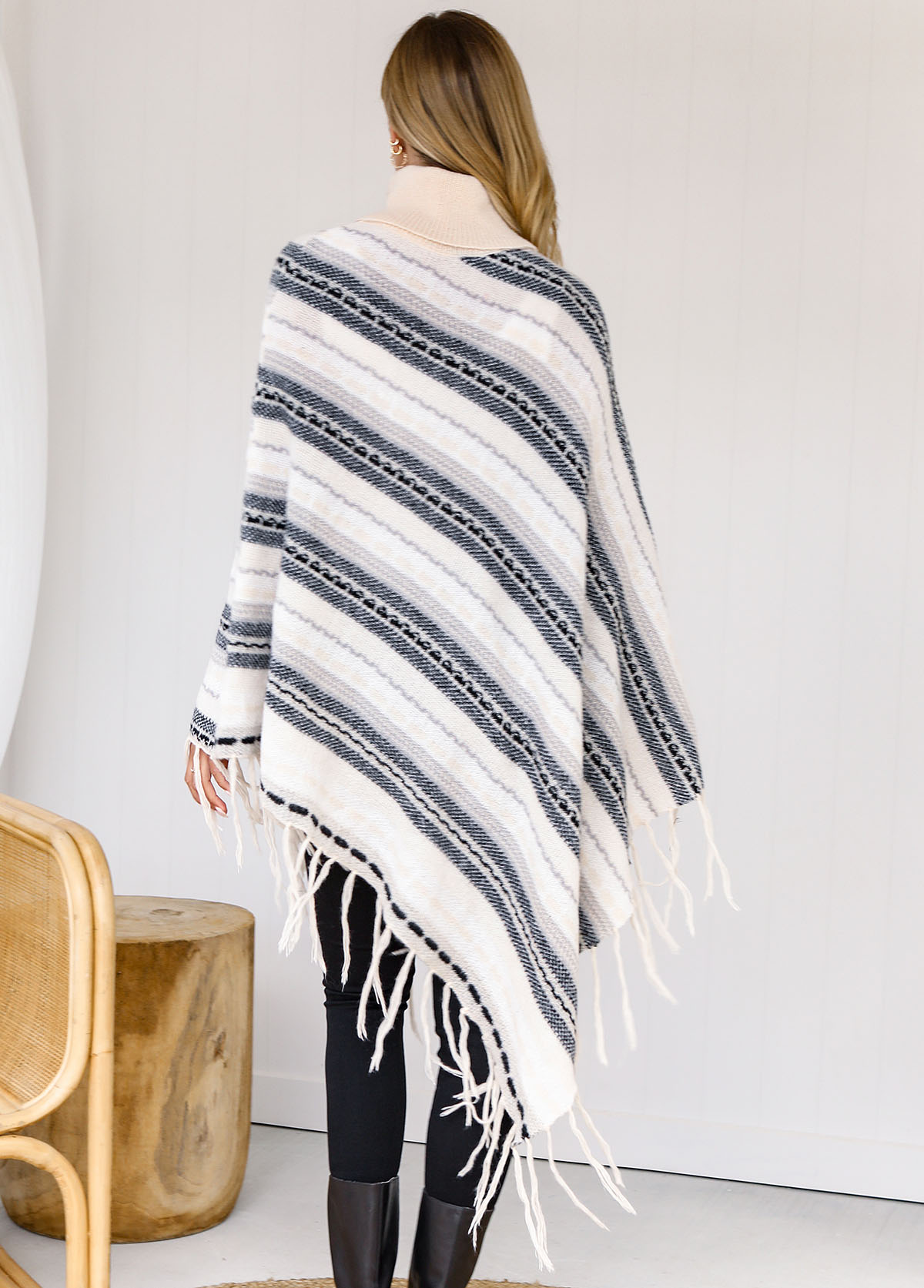 Multi Color tops,Striped tops,Stripe Print Tassel Turtleneck Long Sleeve Sweater