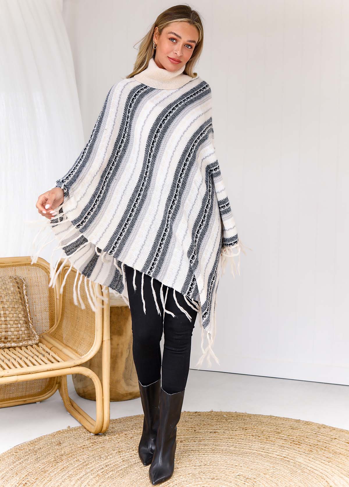 Multi Color tops,Striped tops,Stripe Print Tassel Turtleneck Long Sleeve Sweater