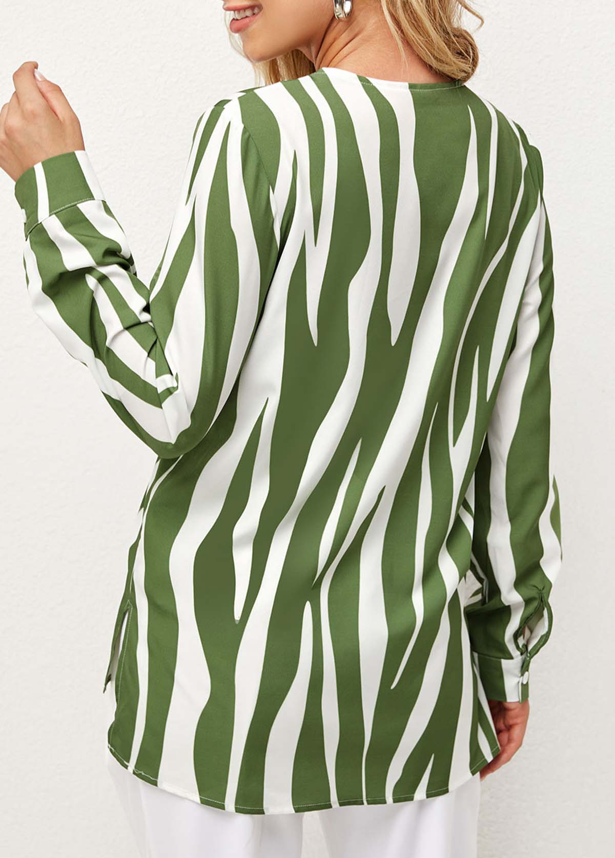 Green tops,Striped tops,ROTITA Striped V Neck Decorative Button Blouse