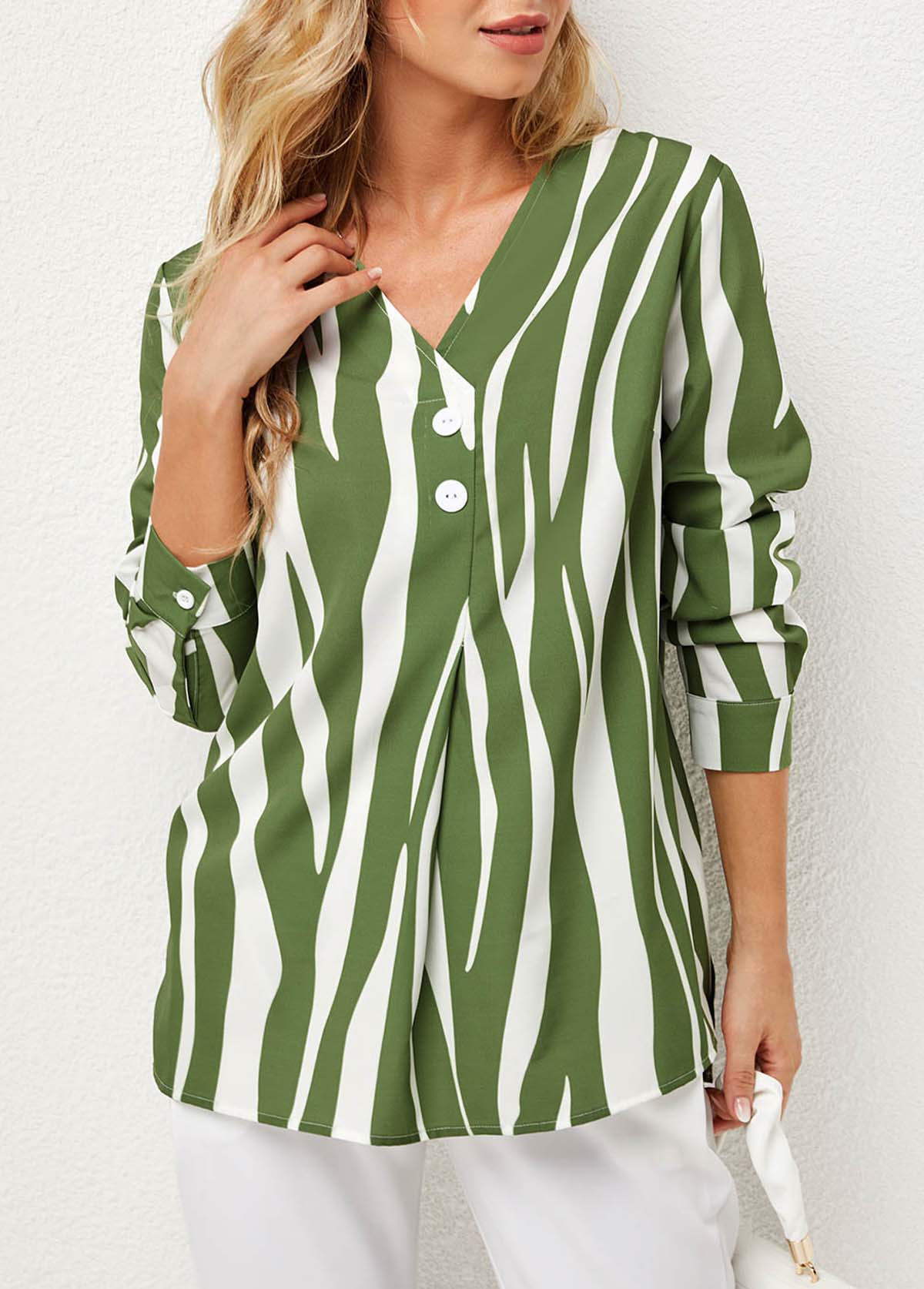 Green tops,Striped tops,ROTITA Striped V Neck Decorative Button Blouse