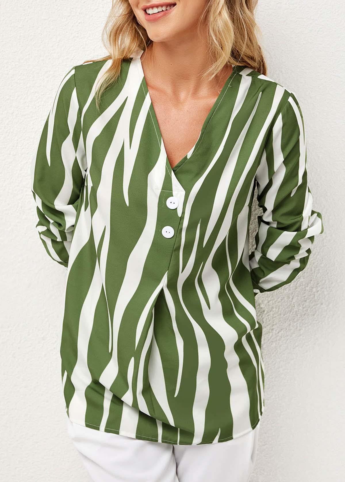 Green tops,Striped tops,ROTITA Striped V Neck Decorative Button Blouse