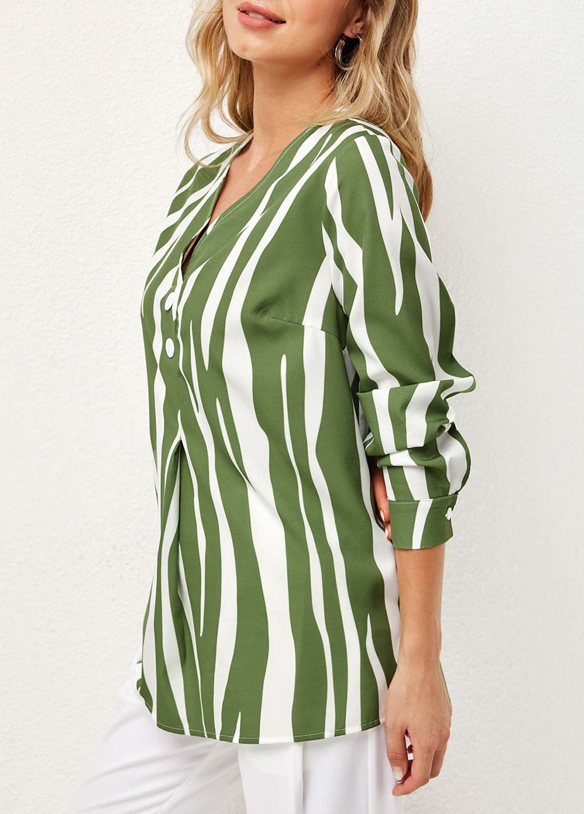 Green tops,Striped tops,ROTITA Striped V Neck Decorative Button Blouse