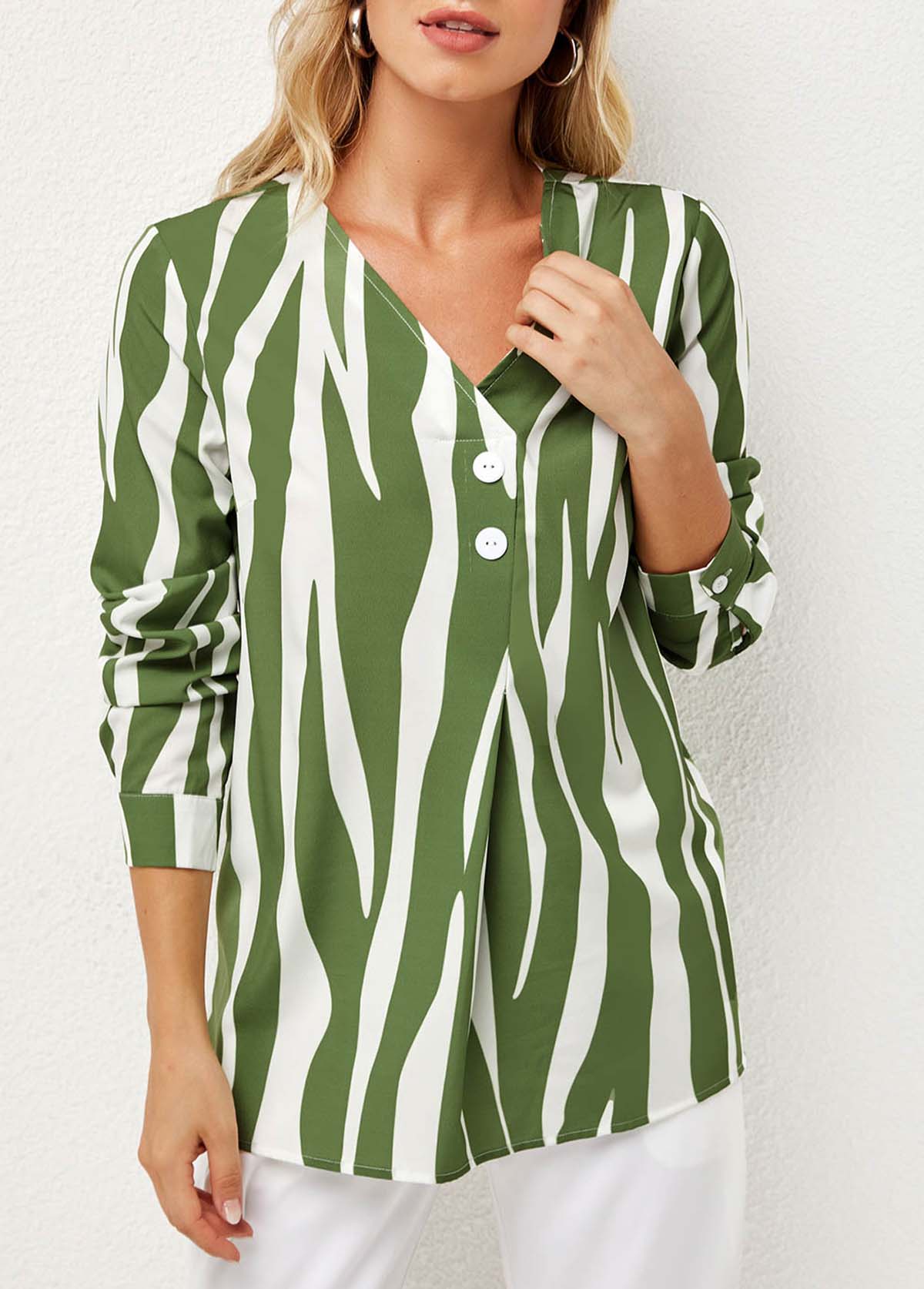 Green tops,Striped tops,ROTITA Striped V Neck Decorative Button Blouse
