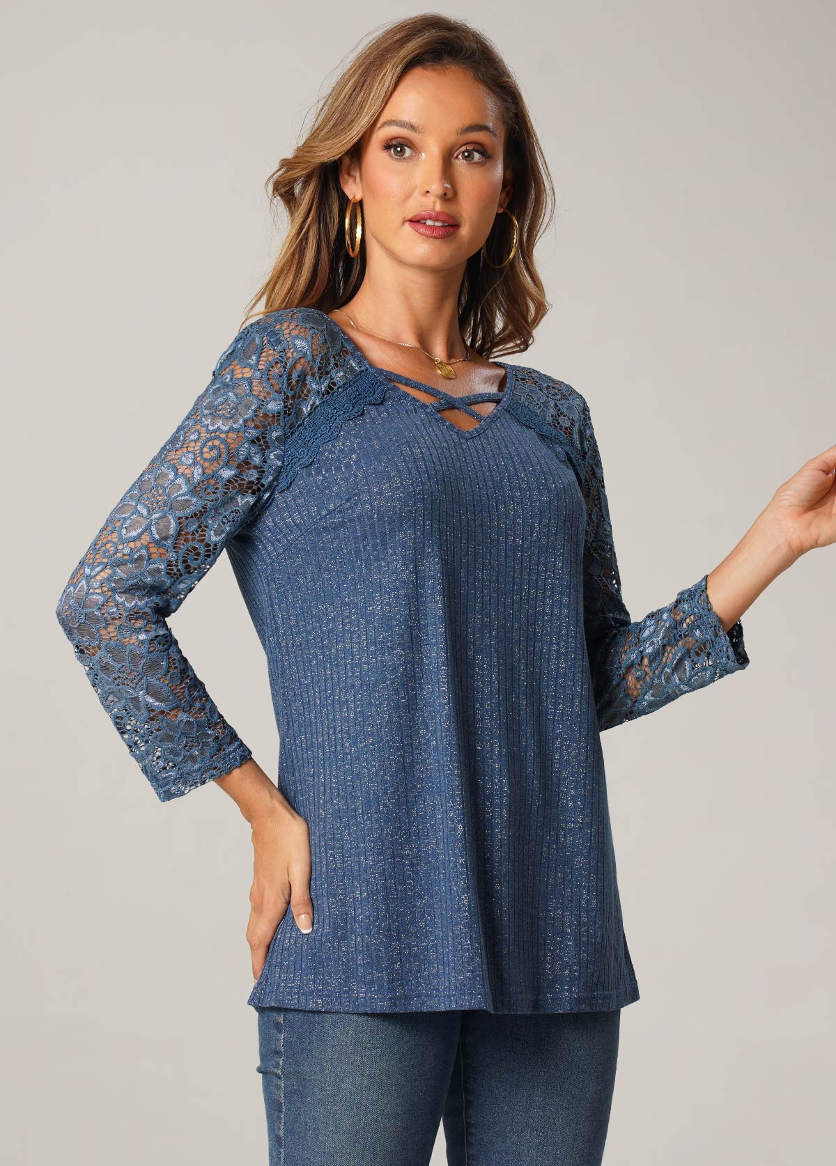 Blue tops,Plain Color tops,ROTITA Cross Strap Blue Lace Stitching T Shirt