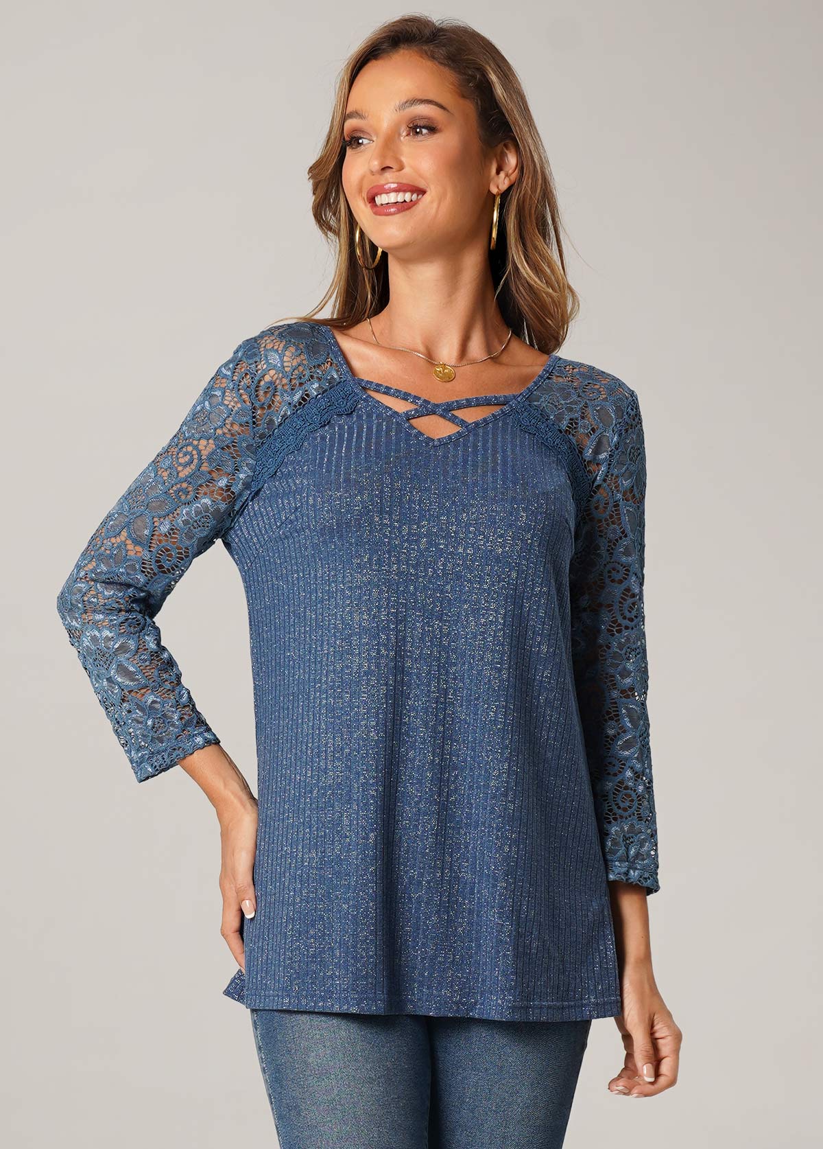 Blue tops,Plain Color tops,ROTITA Cross Strap Blue Lace Stitching T Shirt