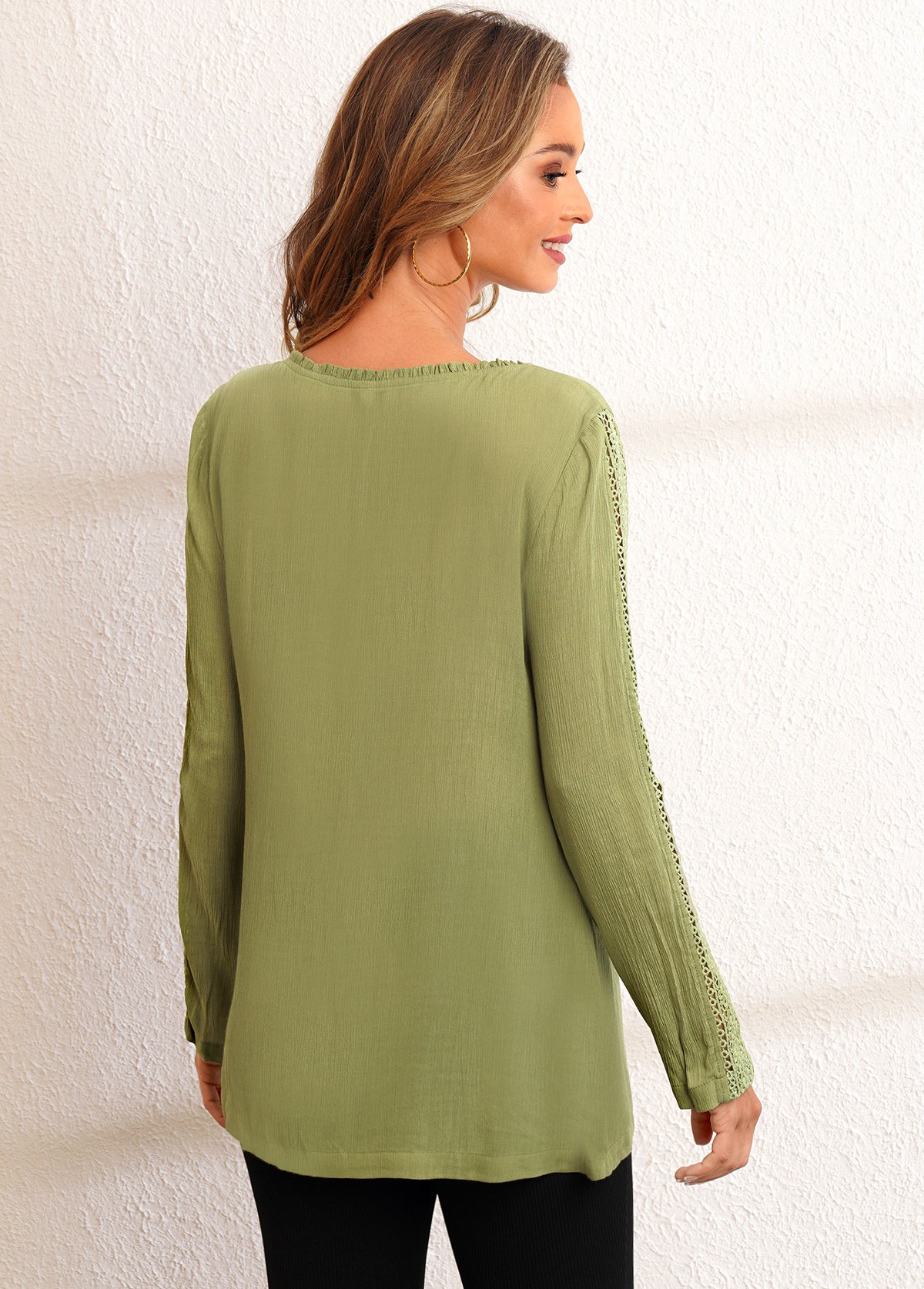 Olive Green tops,Plain Color tops,ROTITA Lace Stitching Crinkle Chest Long Sleeve Blouse