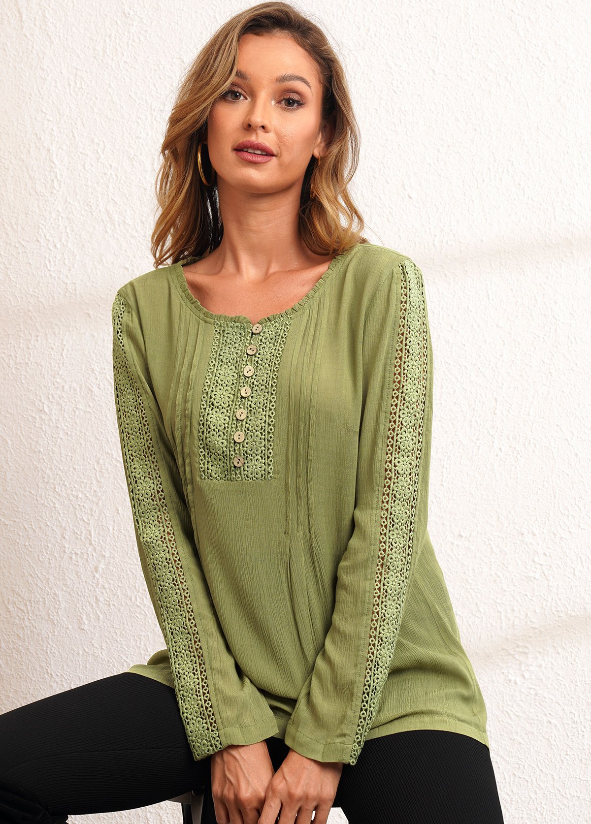 Olive Green tops,Plain Color tops,ROTITA Lace Stitching Crinkle Chest Long Sleeve Blouse