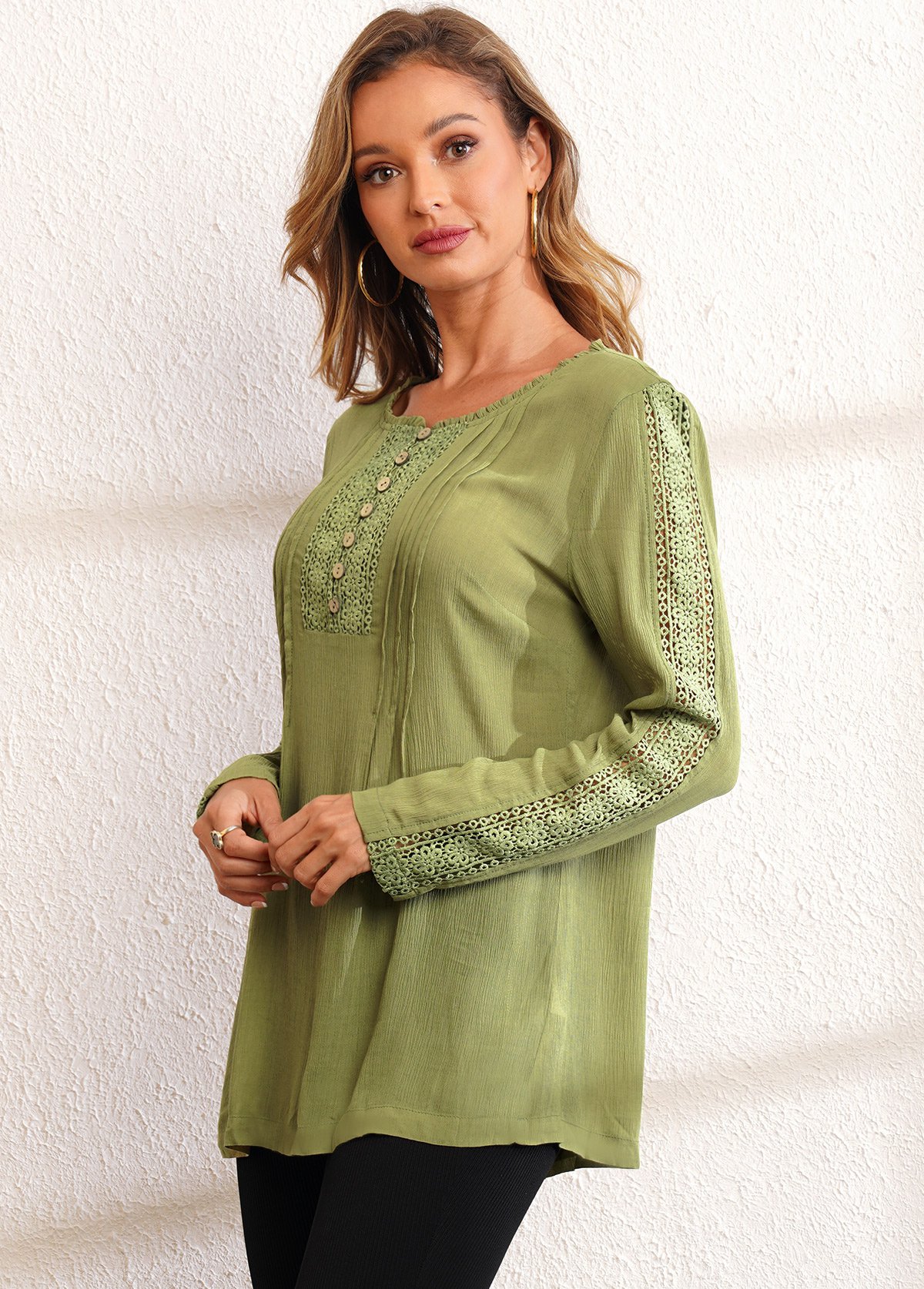 Olive Green tops,Plain Color tops,ROTITA Lace Stitching Crinkle Chest Long Sleeve Blouse