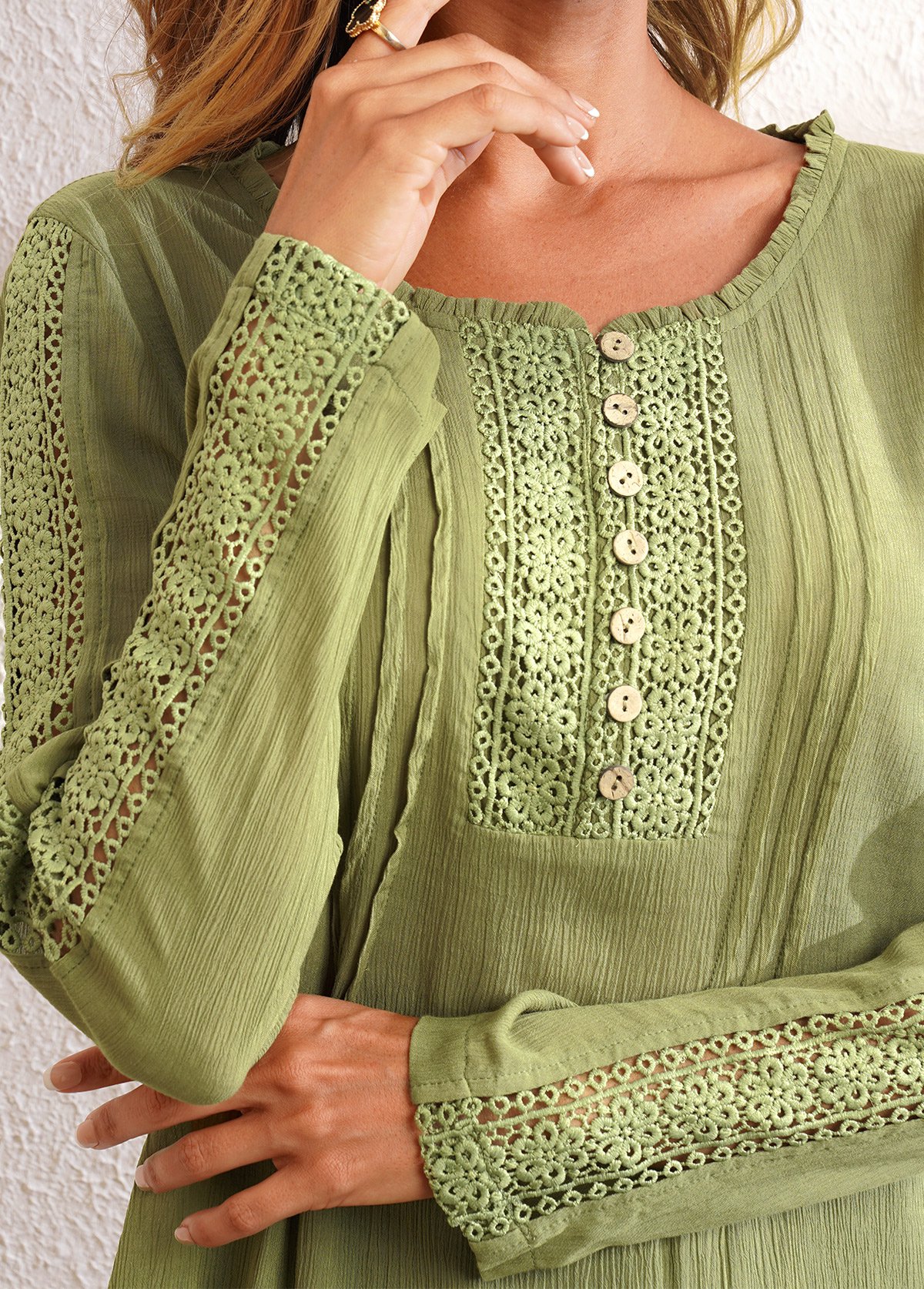 Olive Green tops,Plain Color tops,ROTITA Lace Stitching Crinkle Chest Long Sleeve Blouse