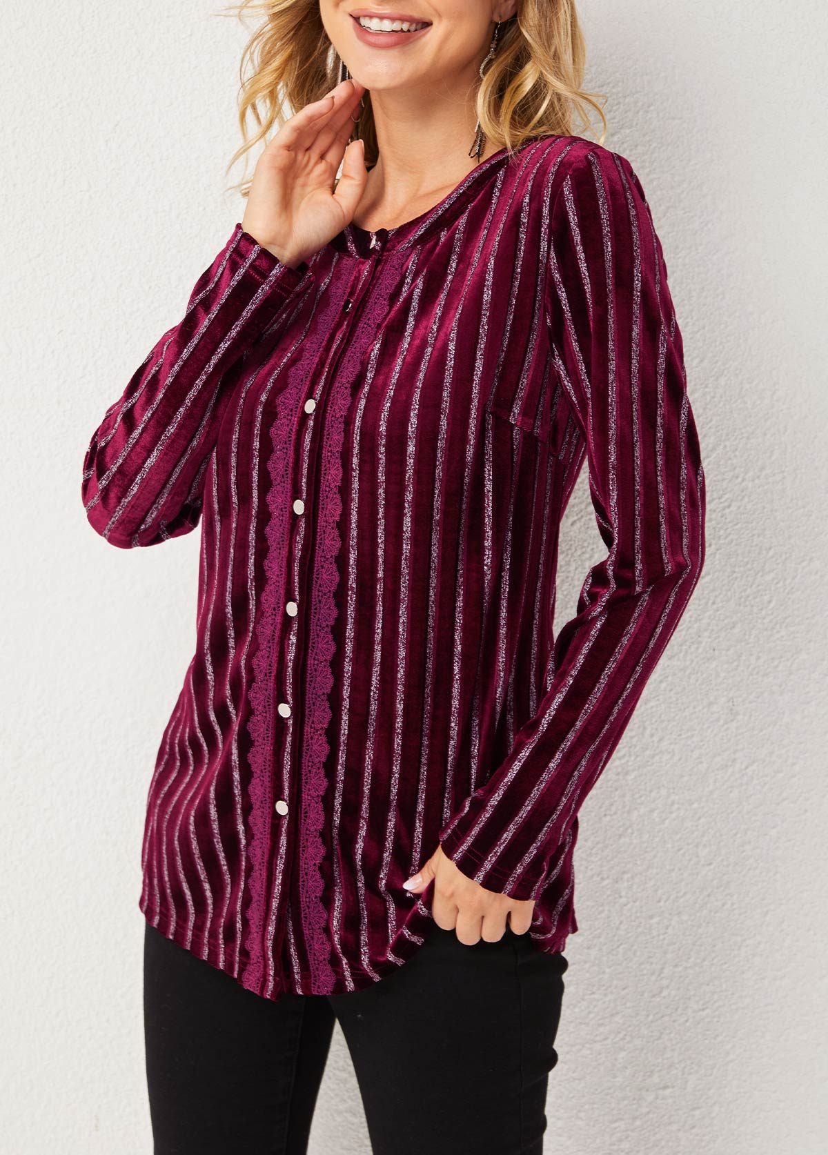 Red tops,Striped tops,ROTITA Stripe Print Round Neck Long Sleeve Blouse