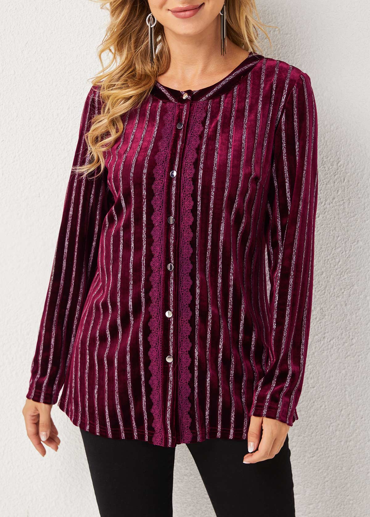 Red tops,Striped tops,ROTITA Stripe Print Round Neck Long Sleeve Blouse