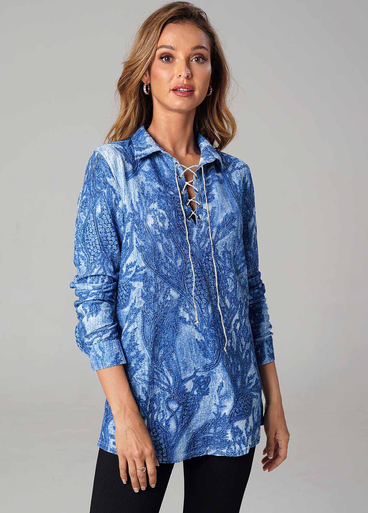 Blue tops,Floral tops,ROTITA Printed Lace Up Turndown Collar Long Sleeve T Shirt