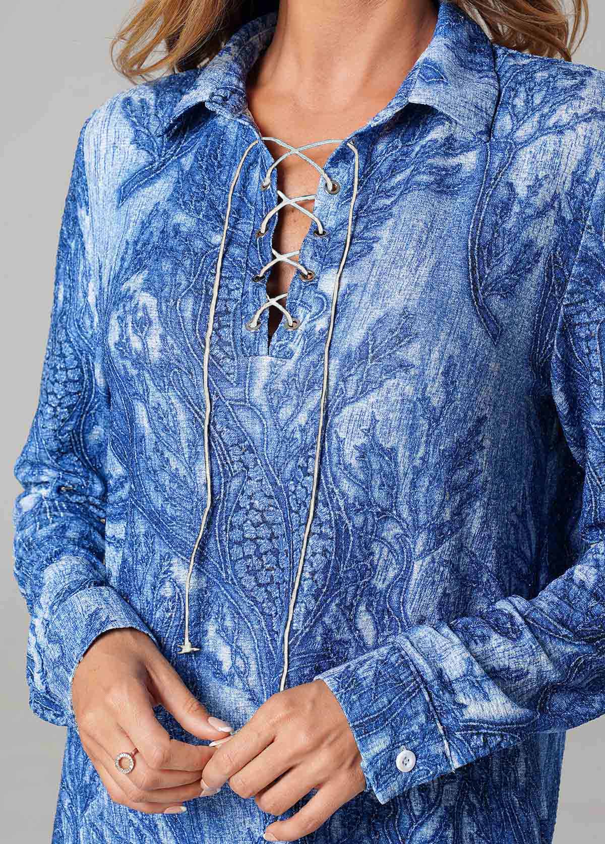Blue tops,Floral tops,ROTITA Printed Lace Up Turndown Collar Long Sleeve T Shirt