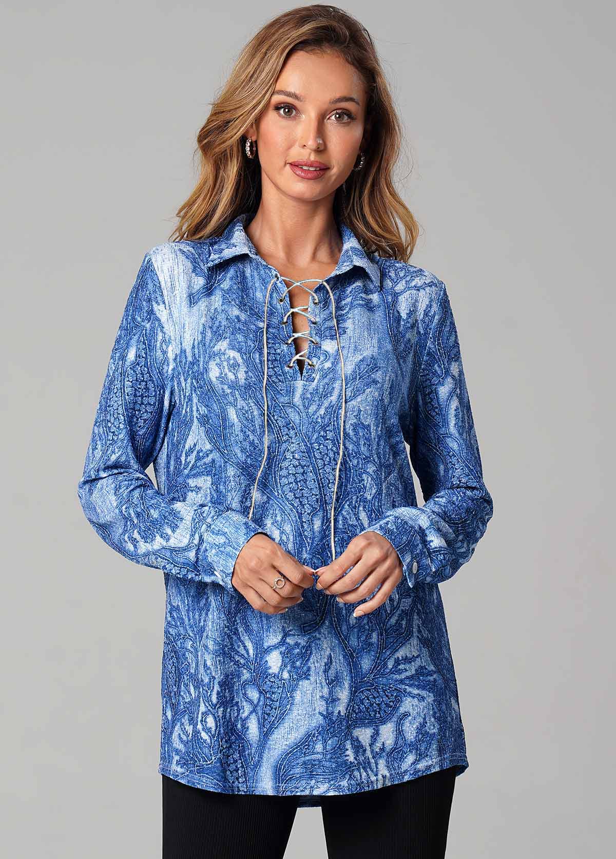 Blue tops,Floral tops,ROTITA Printed Lace Up Turndown Collar Long Sleeve T Shirt