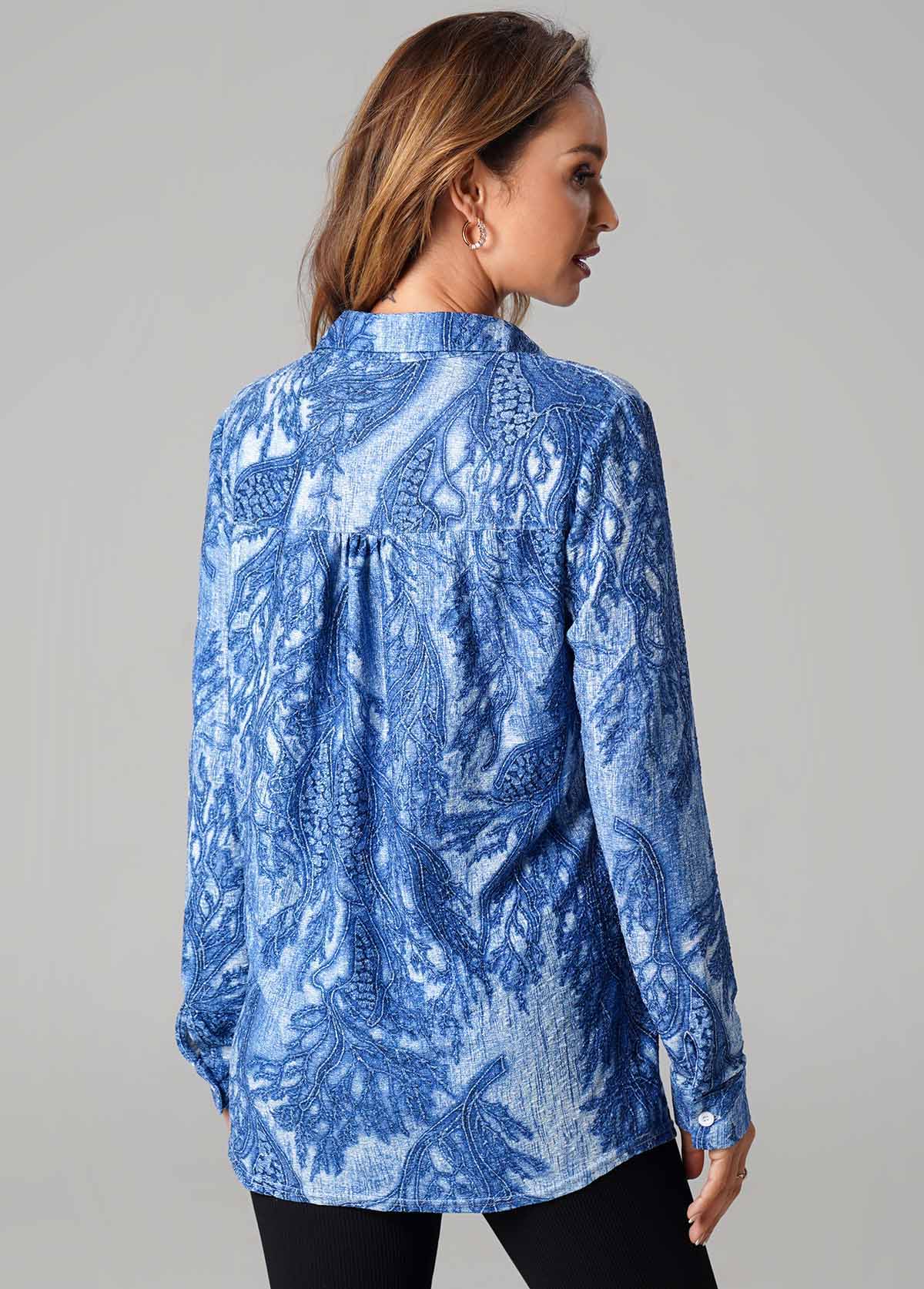 Blue tops,Floral tops,ROTITA Printed Lace Up Turndown Collar Long Sleeve T Shirt