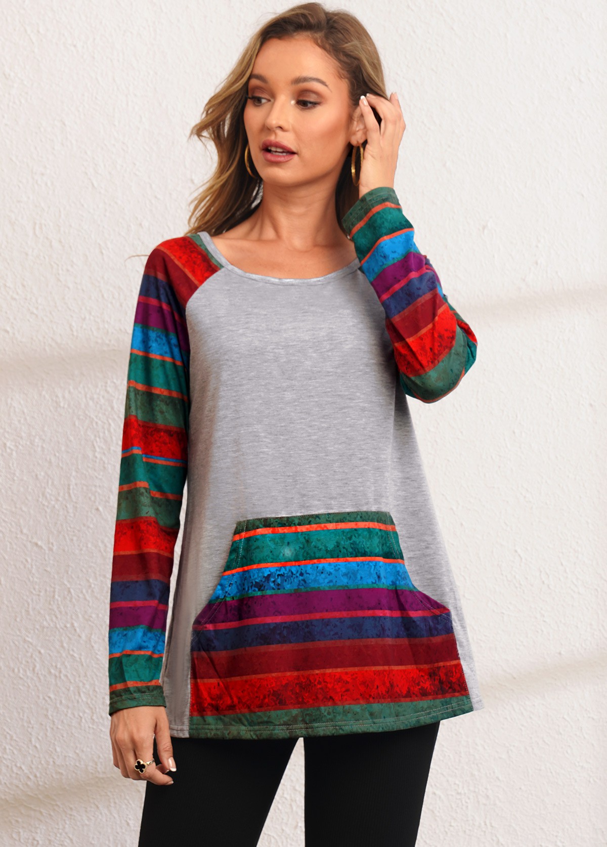 ROTITA Kangaroo Pocket Rainbow Stripe Long Sleeve Sweatshirt