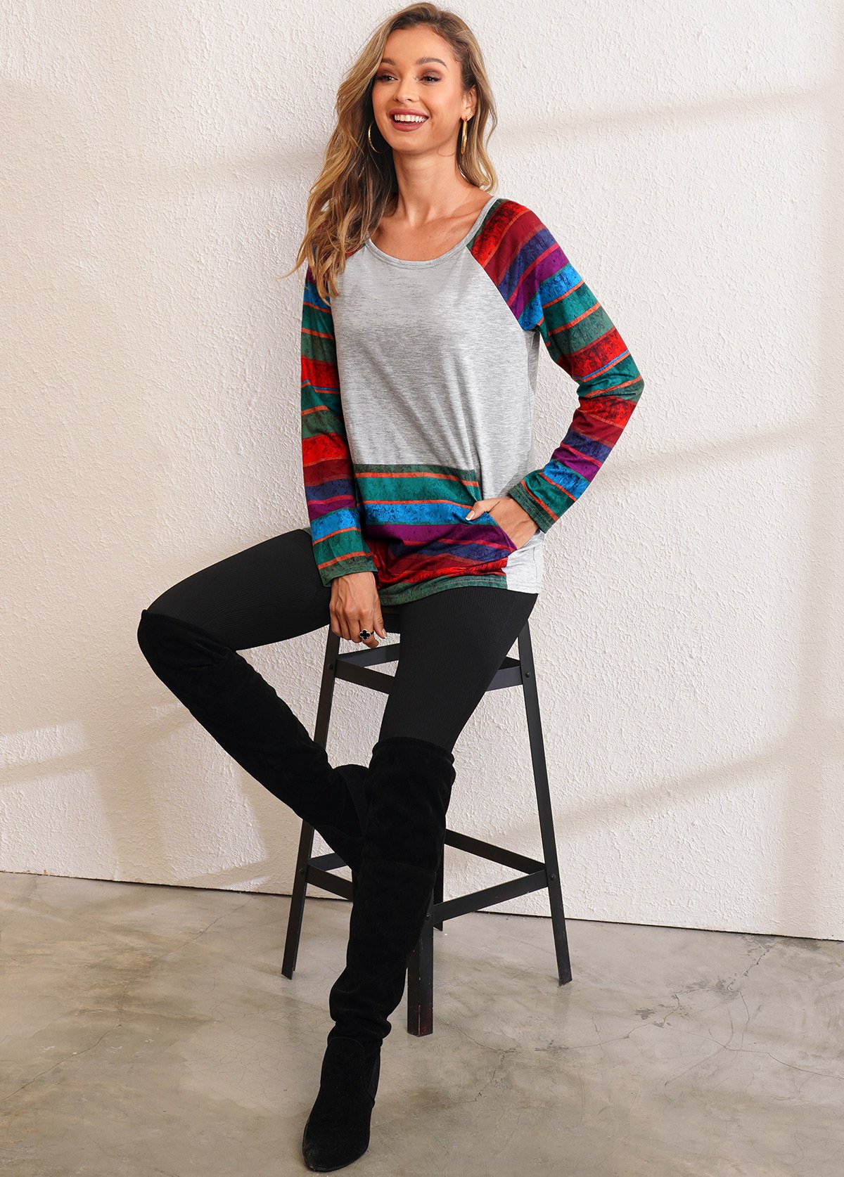 Grey tops,Striped tops,ROTITA Kangaroo Pocket Rainbow Stripe Long Sleeve Sweatshirt
