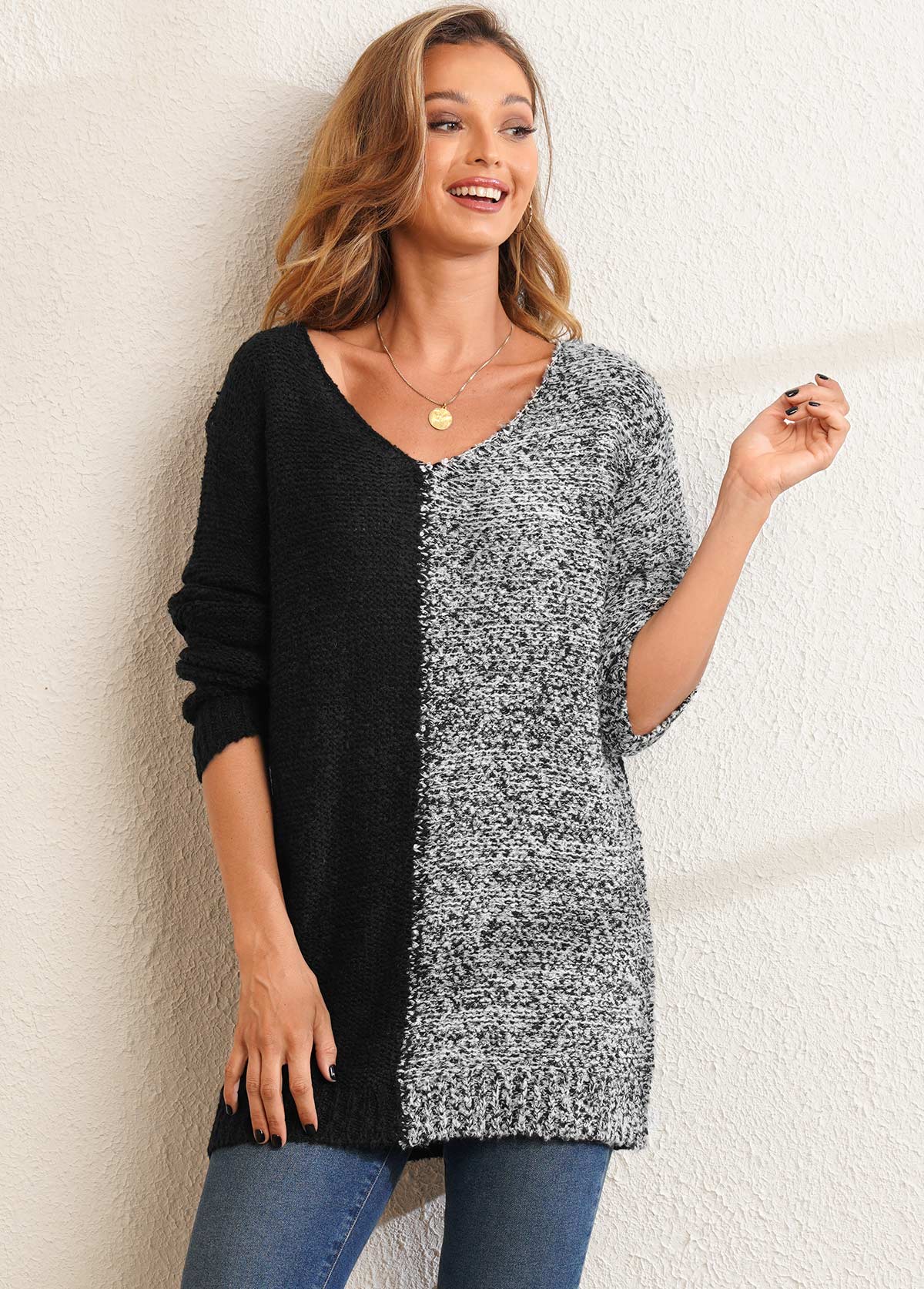 Multi Color tops,Contrast Color tops,ROTITA V Neck Contrast Long Sleeve Sweater
