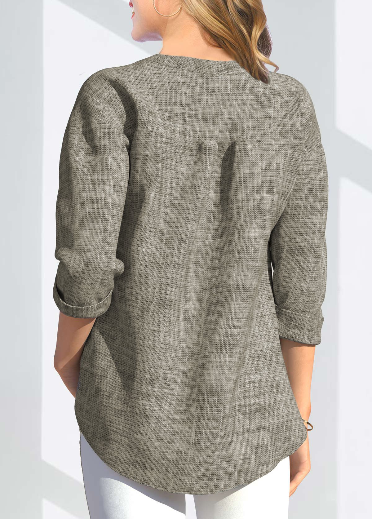 Grey tops,Plain Color tops,ROTITA V Neck Linen 3/4 Sleeve T Shirt