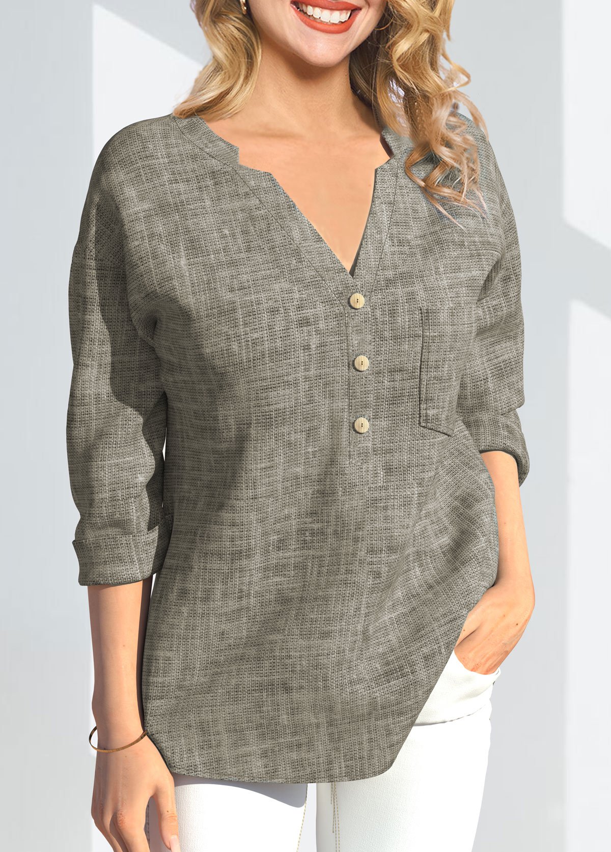 Grey tops,Plain Color tops,ROTITA V Neck Linen 3/4 Sleeve T Shirt
