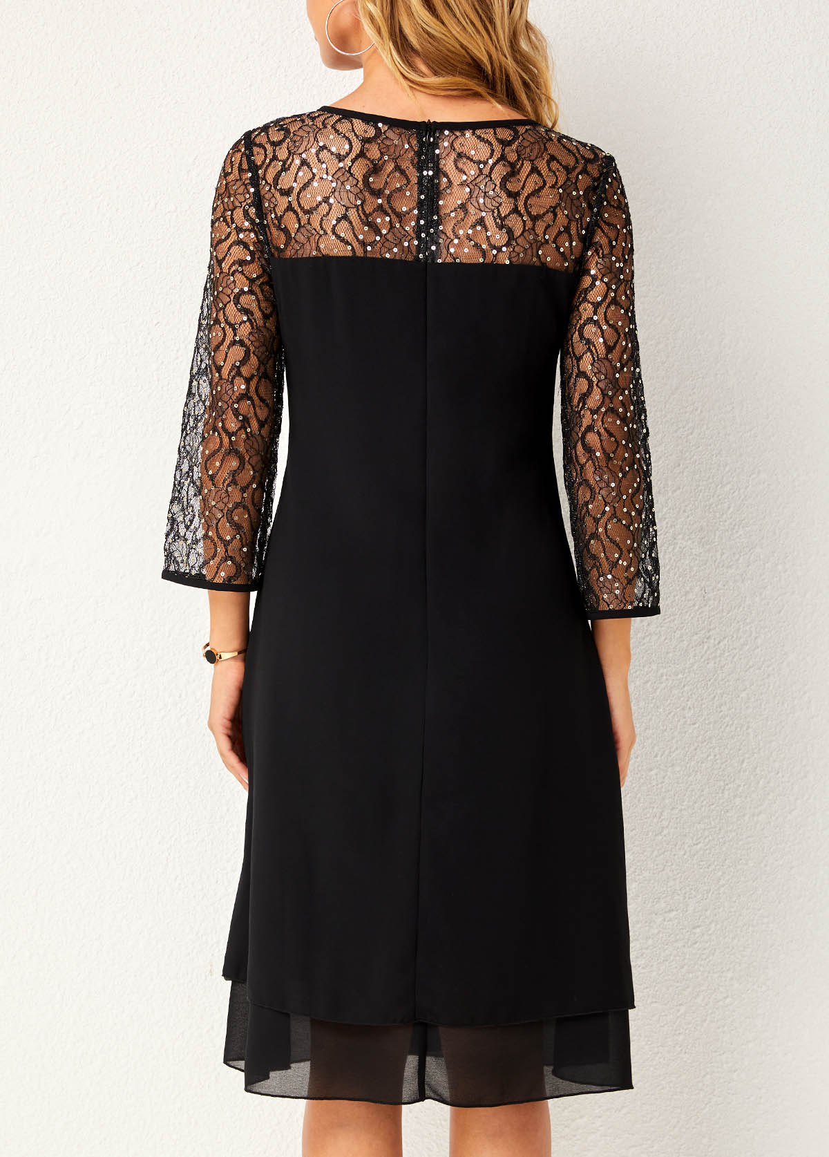 Black dresses,Plain Color dresses,ROTITA Round Neck Lace Stitching Layered Hem Dress