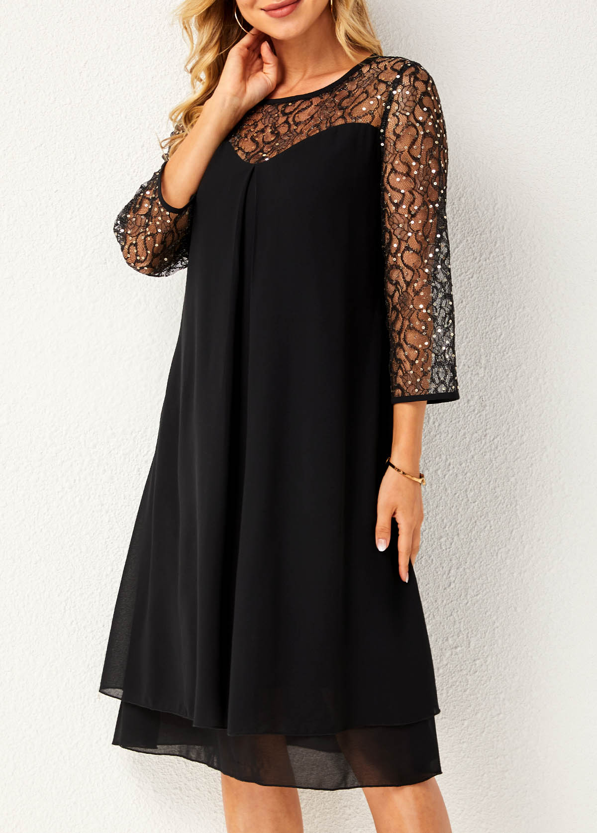 Black dresses,Plain Color dresses,ROTITA Round Neck Lace Stitching Layered Hem Dress
