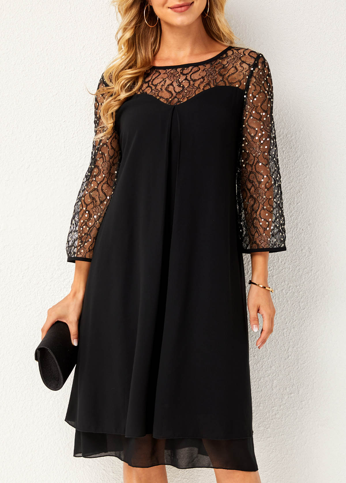 Black dresses,Plain Color dresses,ROTITA Round Neck Lace Stitching Layered Hem Dress