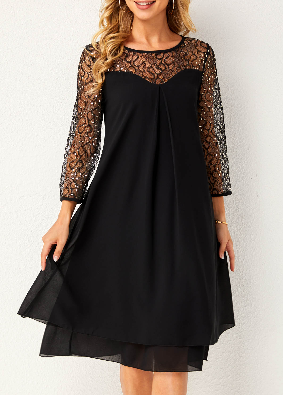 Black dresses,Plain Color dresses,ROTITA Round Neck Lace Stitching Layered Hem Dress