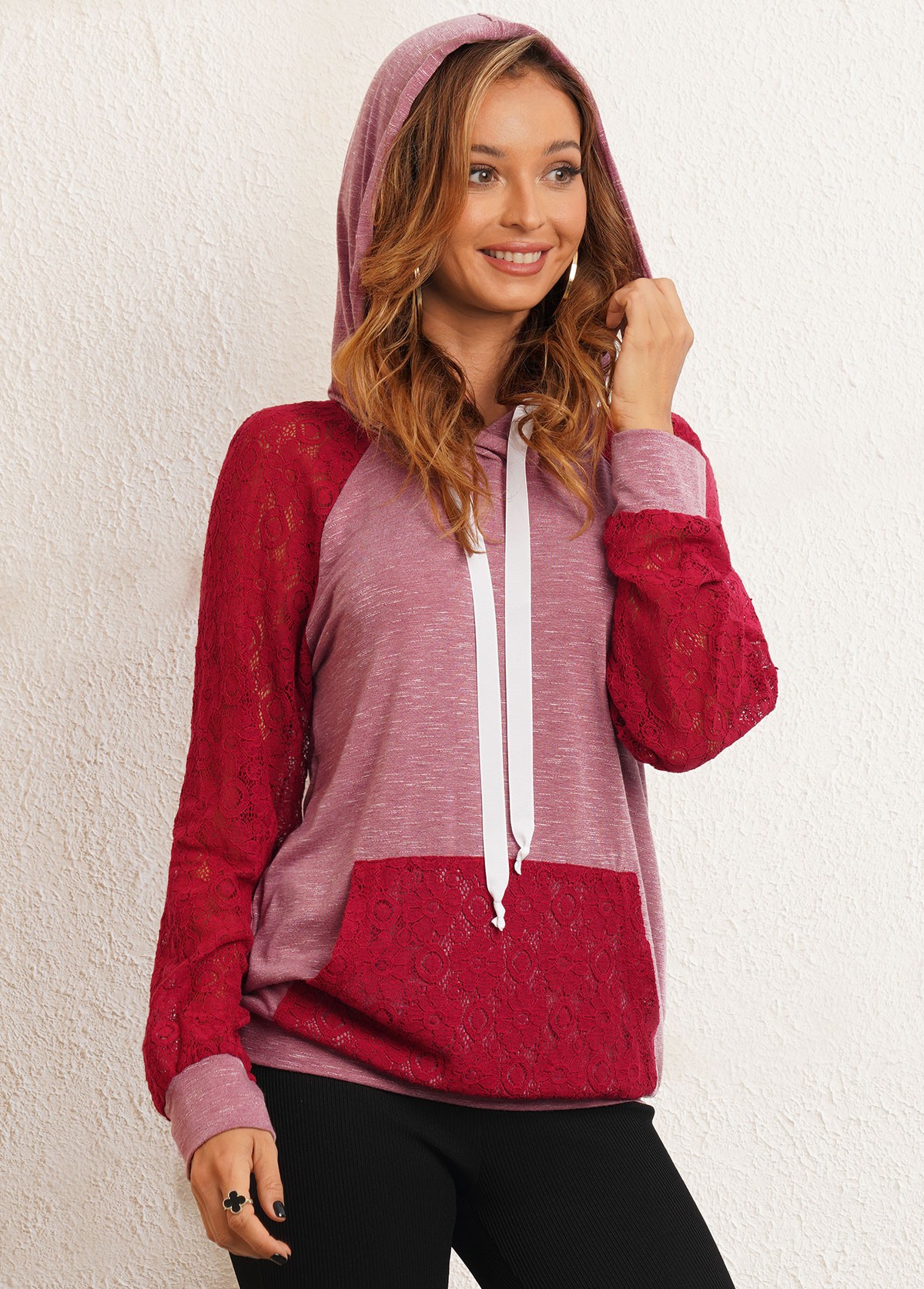 Multi Color tops,Contrast Color tops,ROTITA Lace Stitching Kangaroo Pocket Drawstring Hoodie