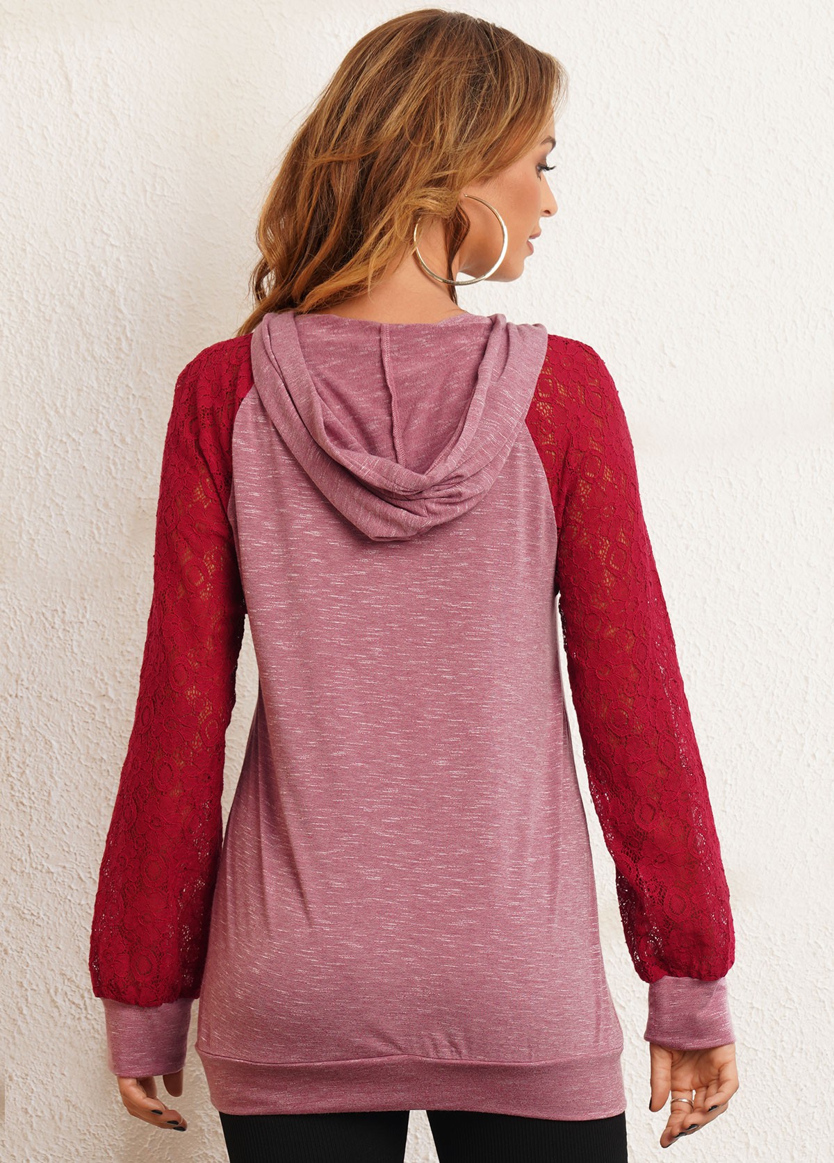 Multi Color tops,Contrast Color tops,ROTITA Lace Stitching Kangaroo Pocket Drawstring Hoodie