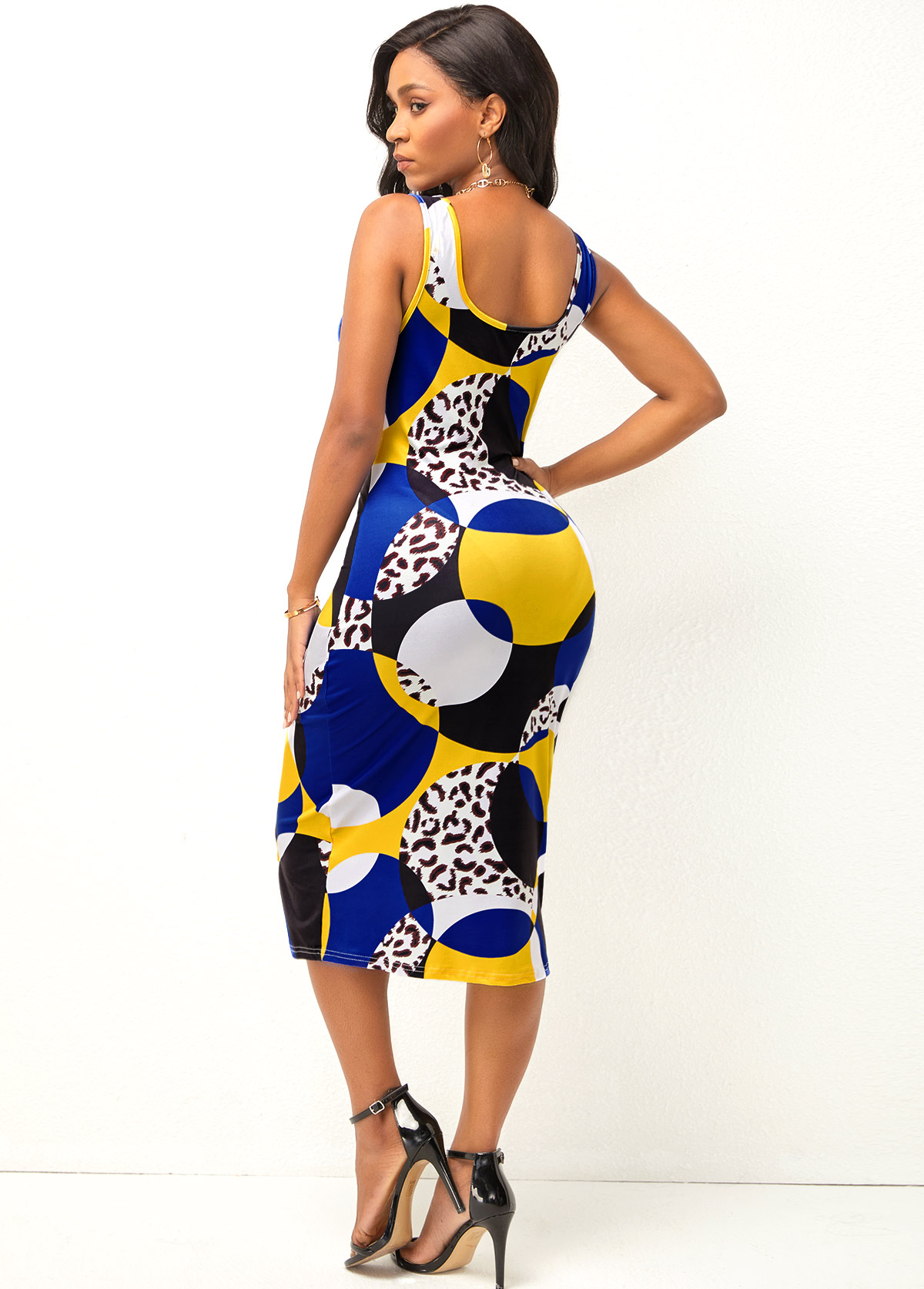 Multi Color dresses,Geometric dresses,Geometric Print Wide Strap Leopard Dress