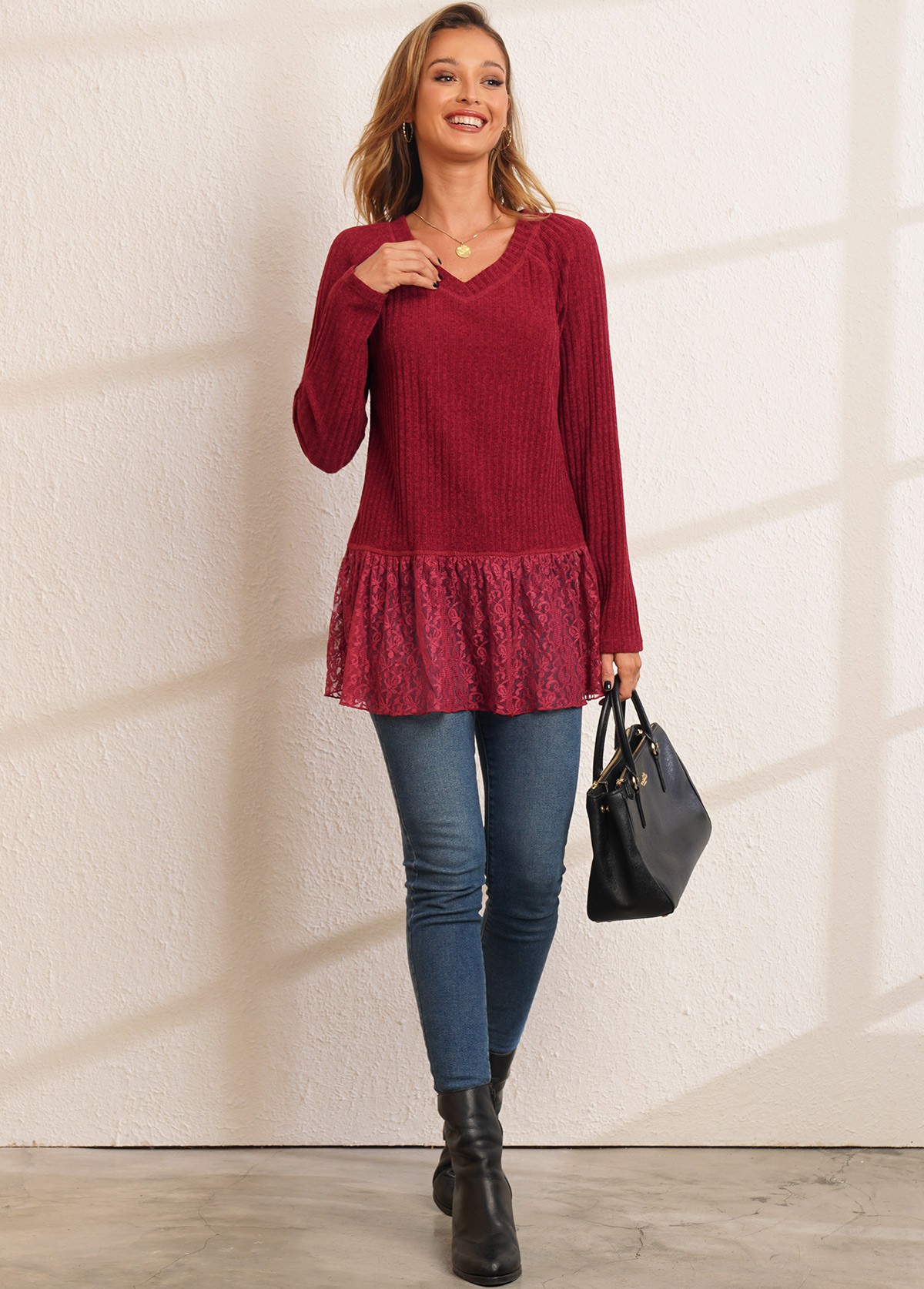 Red tops,Plain Color tops,ROTITA Solid Lace Patchwork V Neck Long Sleeve T Shirt