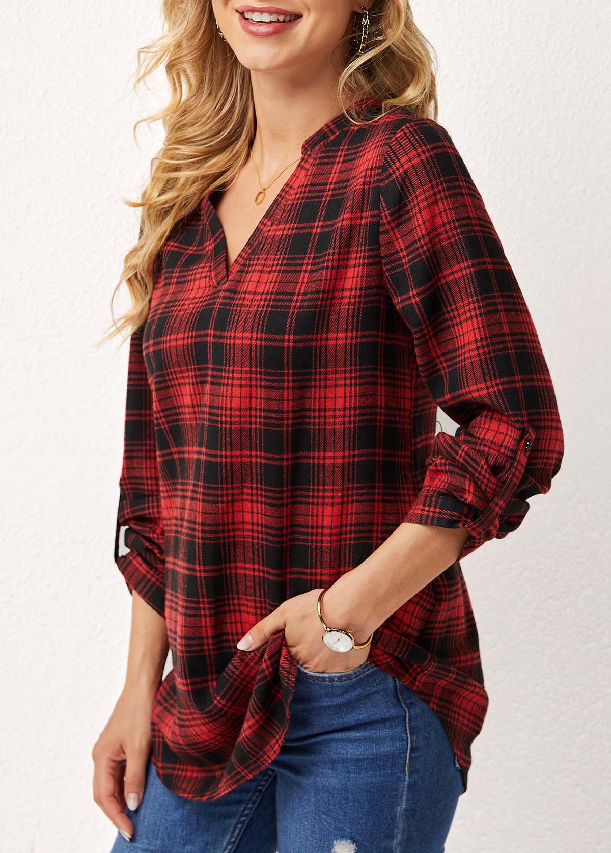Red tops,Plaid tops,ROTITA Plaid Split Neck Long Sleeve Blouse