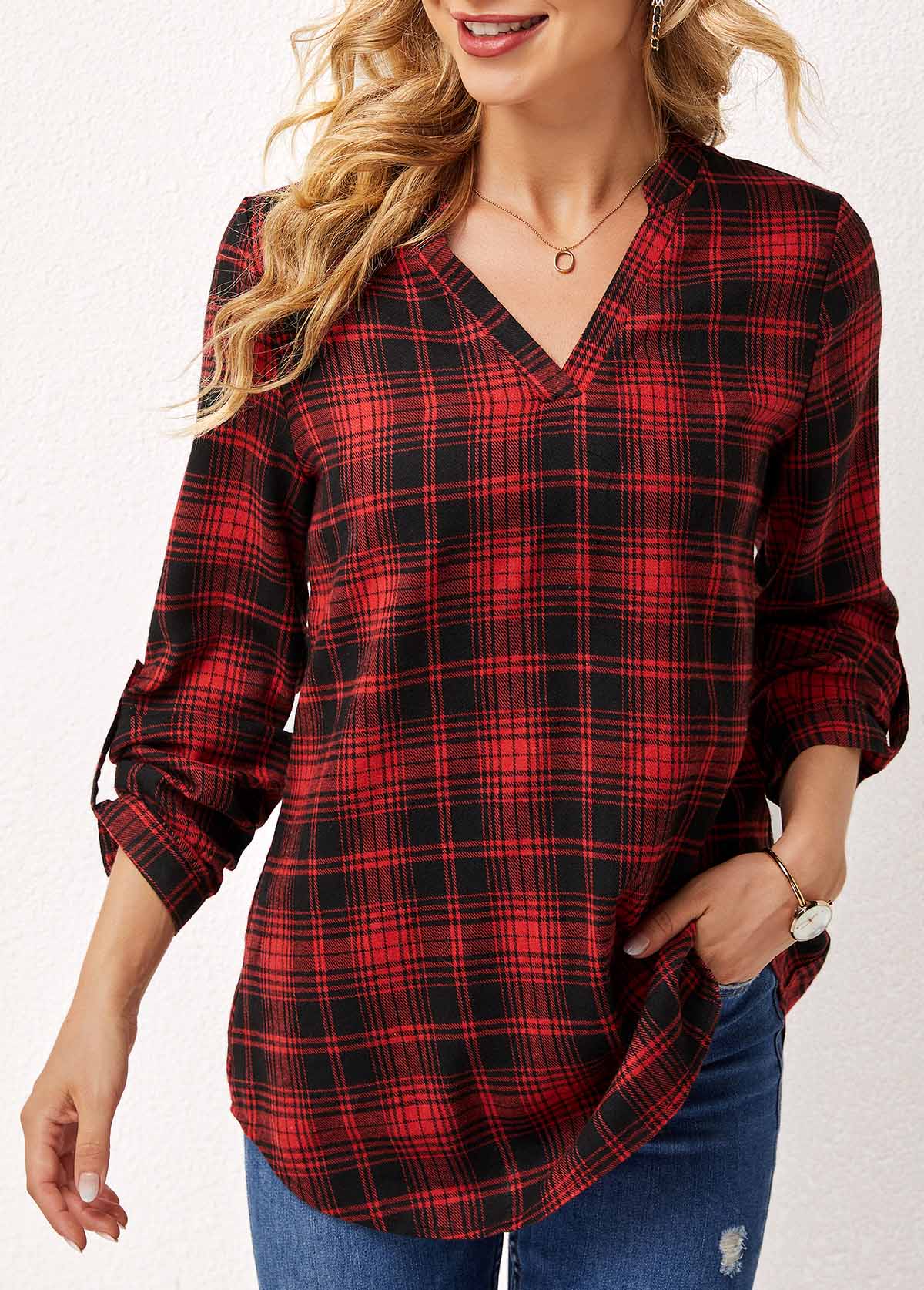 Red tops,Plaid tops,ROTITA Plaid Split Neck Long Sleeve Blouse
