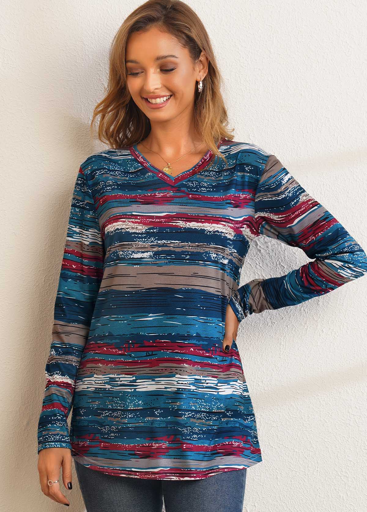 Blue tops,Floral tops,Printed V Neck Long Sleeve T Shirt