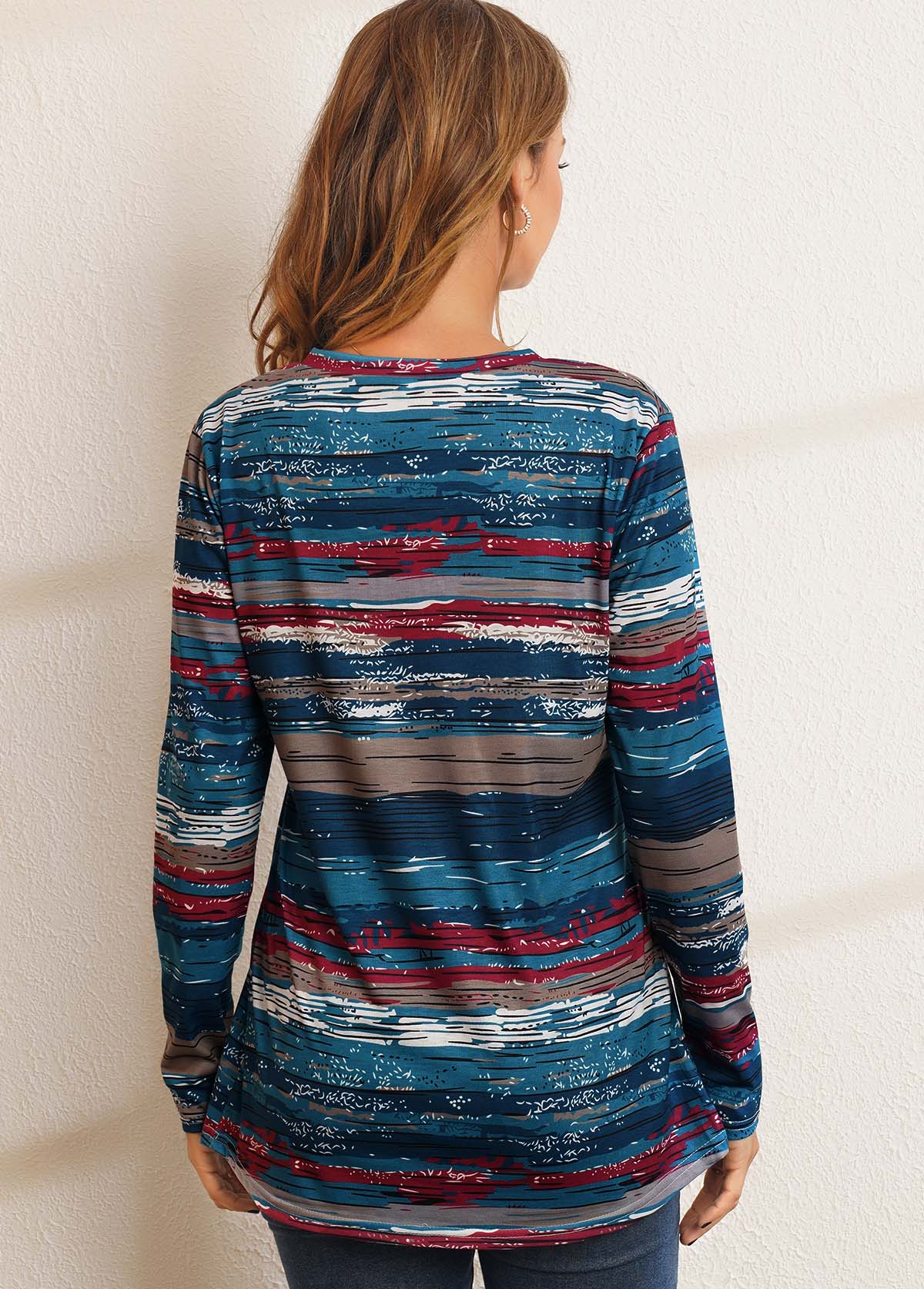 Blue tops,Floral tops,Printed V Neck Long Sleeve T Shirt