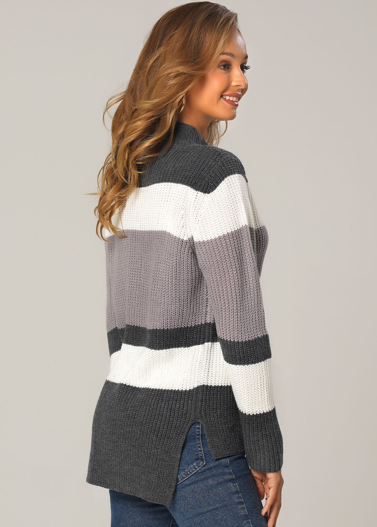 Multi Color tops,Contrast Color tops,Patchwork Dip Hem Long Sleeve Sweater