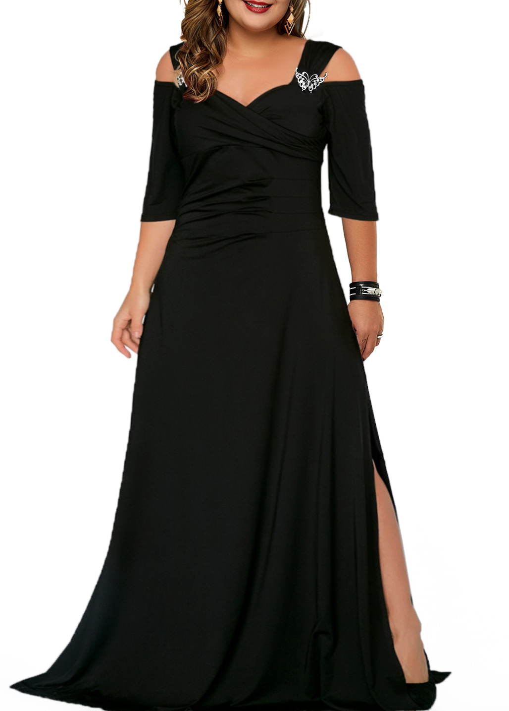 Black plus size,Plain Color plus size,ROTITA Plus Size Cold Shoulder Solid Dress