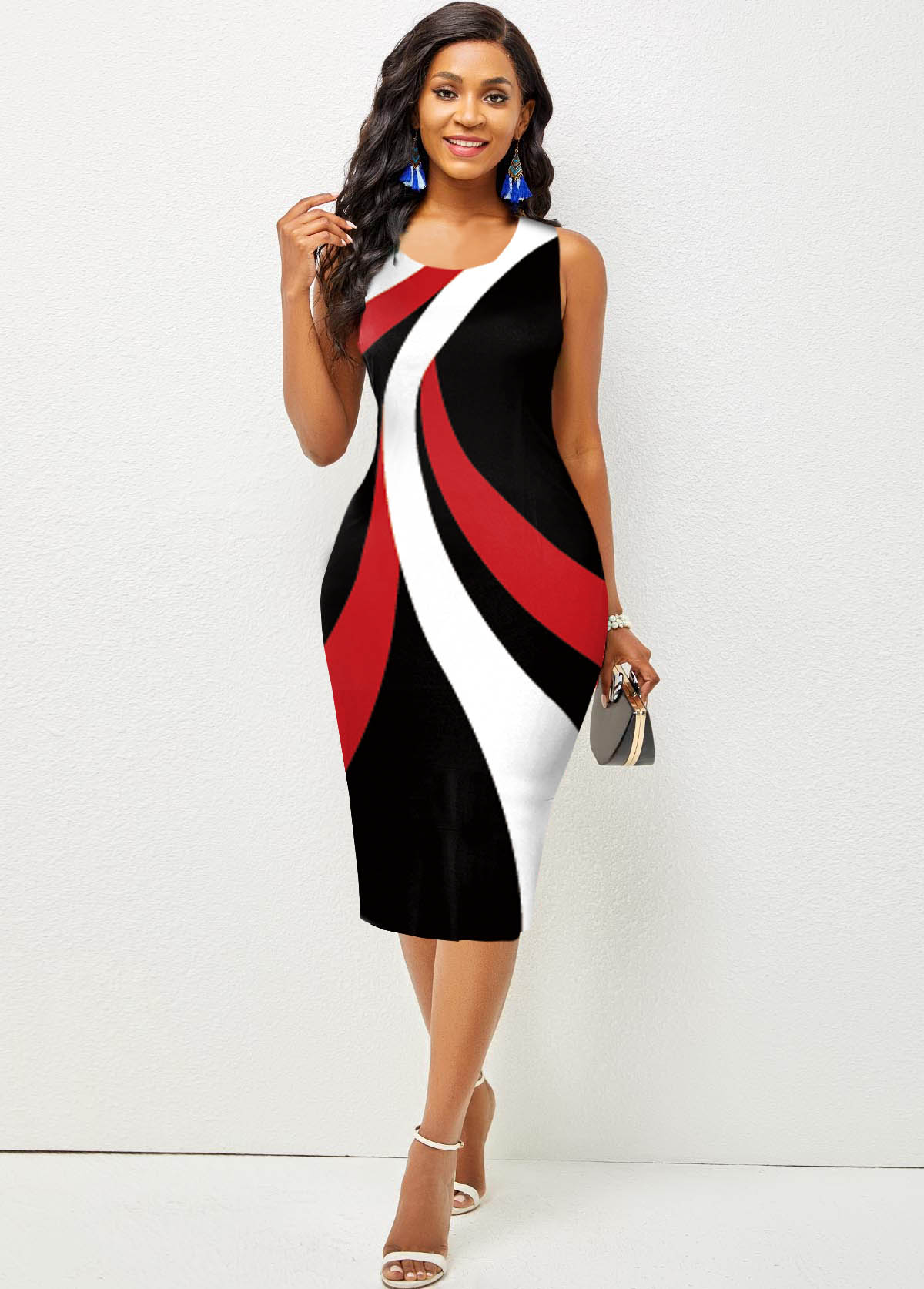 Geometric dresses,Wear to Work dresses,Work dresses,ROTITA Round Neck Contrast Printed Sleeveless Dress