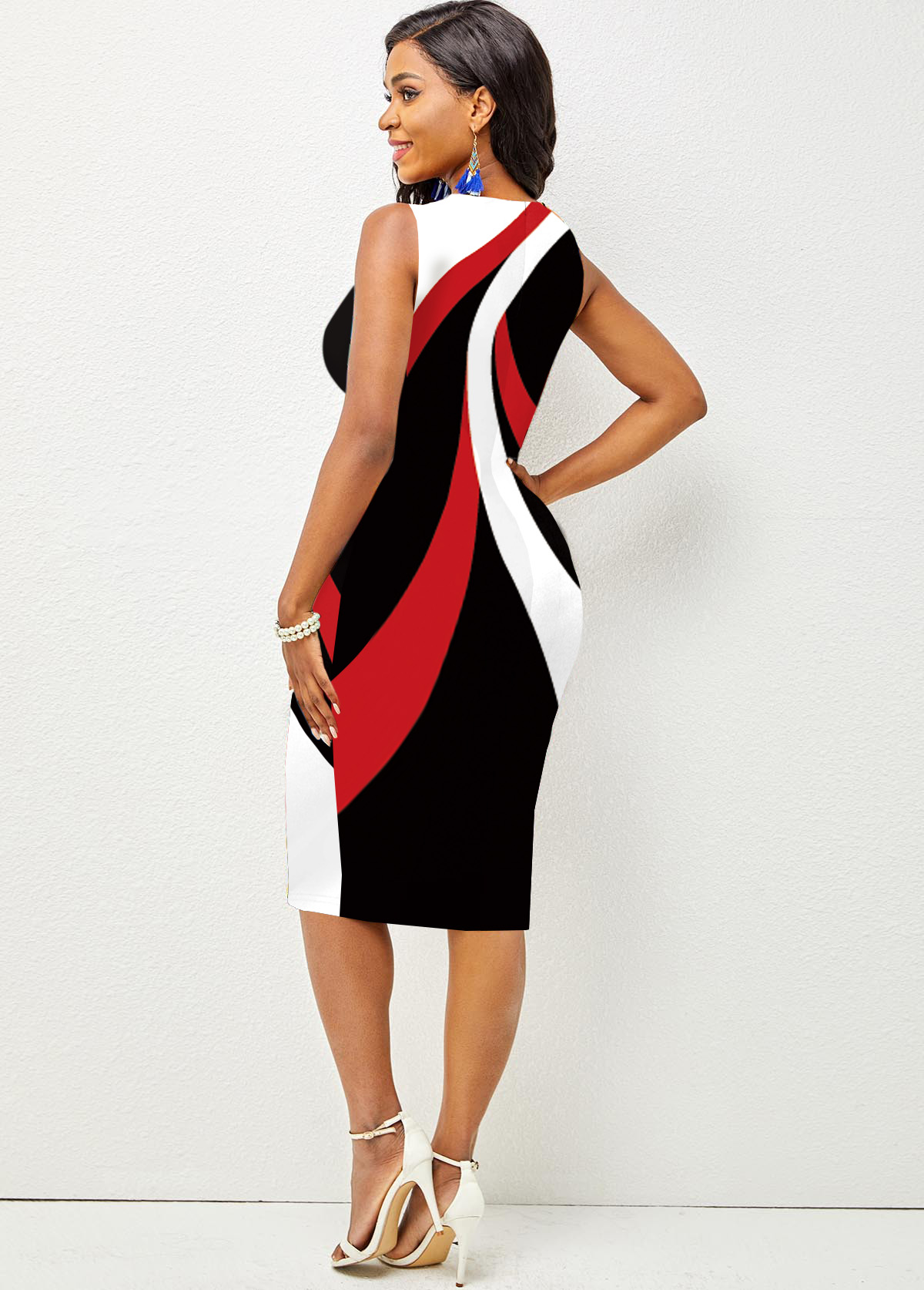 Geometric dresses,Wear to Work dresses,Work dresses,ROTITA Round Neck Contrast Printed Sleeveless Dress