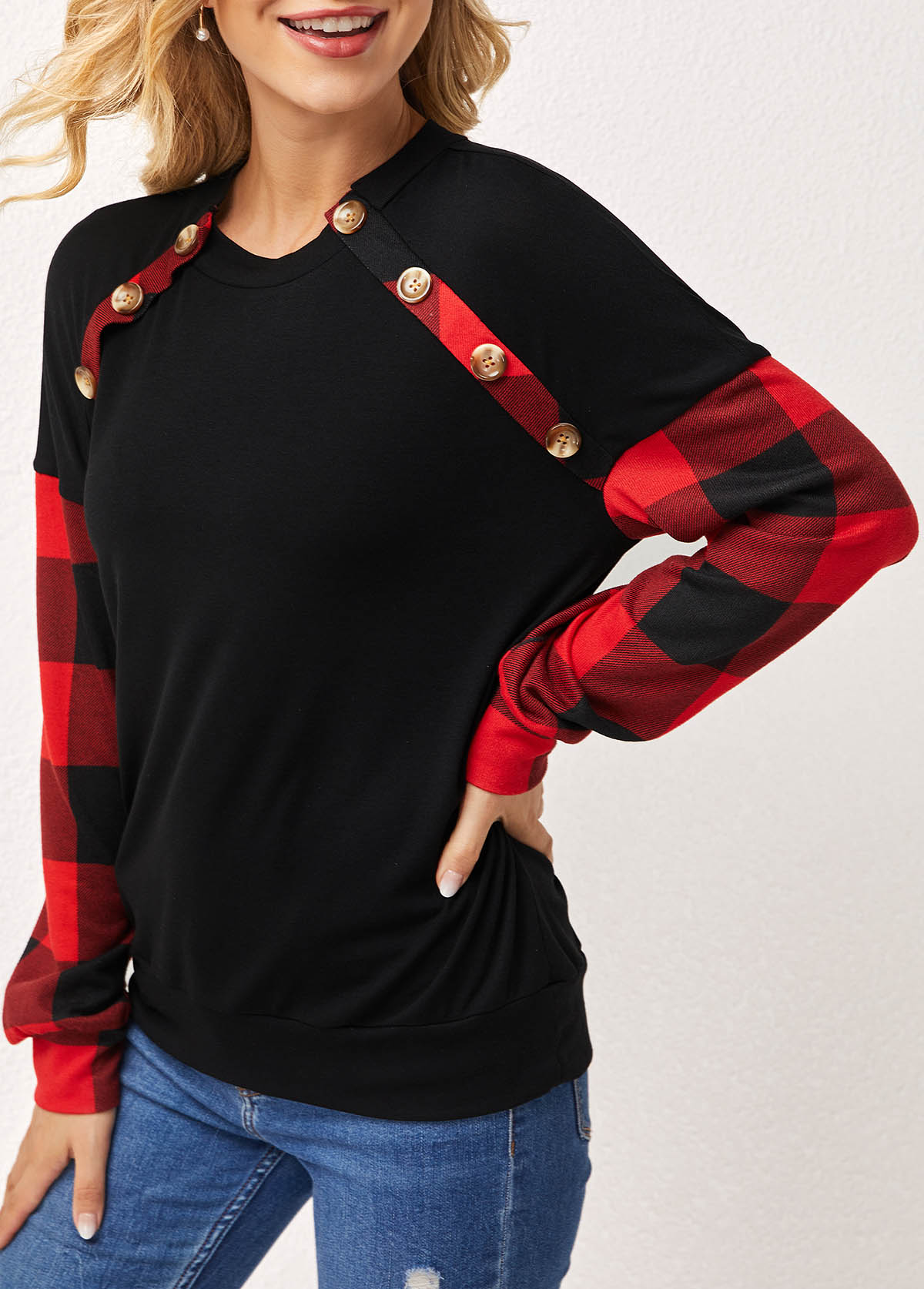 Black tops,Plaid tops,ROTITA Plaid Decorative Button Round Neck Long Sleeve Sweatshirt