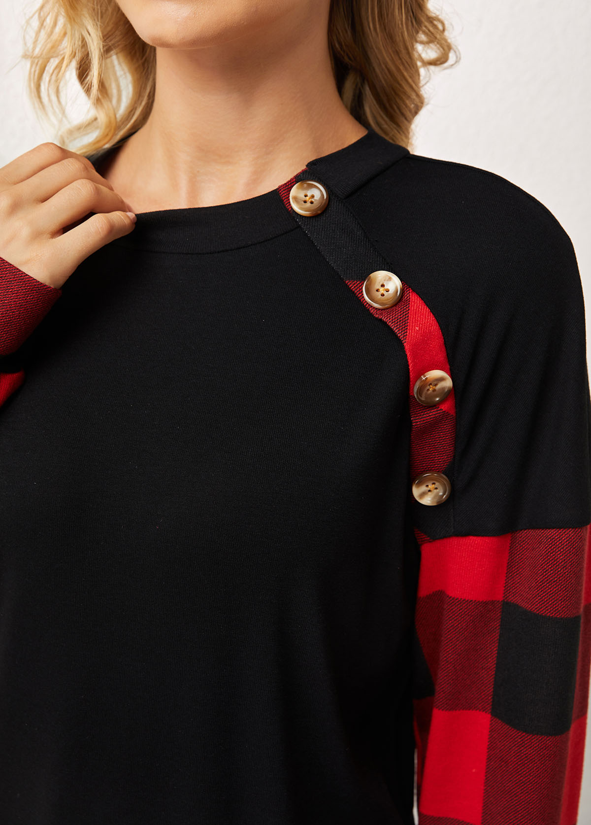 Black tops,Plaid tops,ROTITA Plaid Decorative Button Round Neck Long Sleeve Sweatshirt