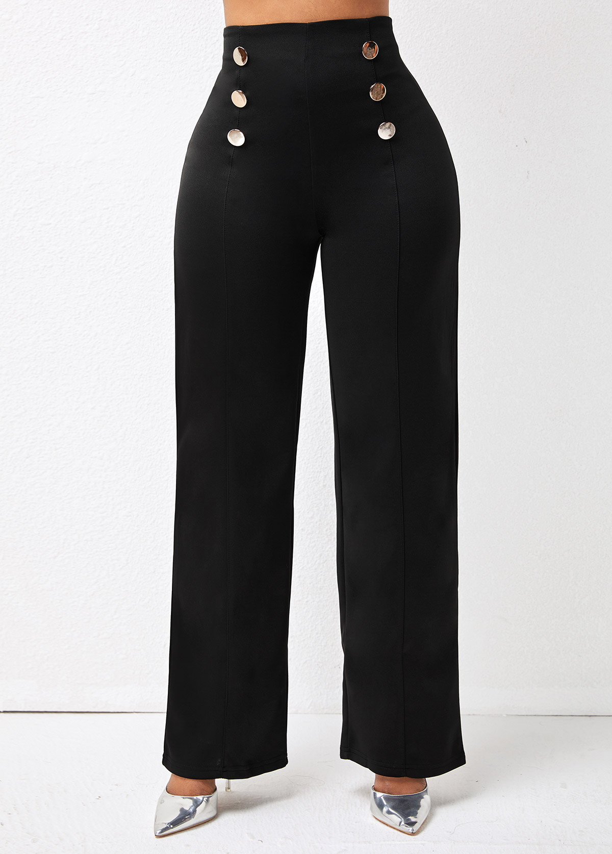 High Waist Double Breasted Solid Pants