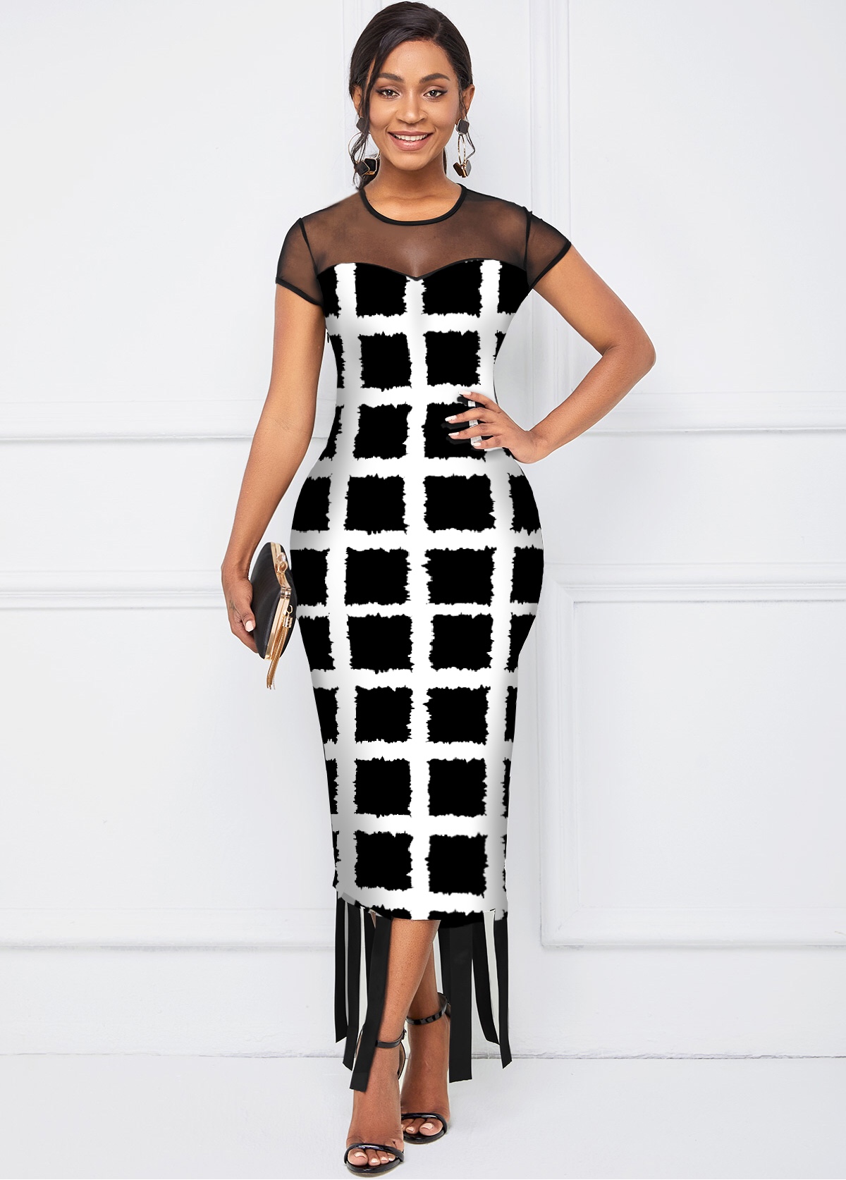 Multi Color dresses,Plaid dresses,ROTITA Round Neck Checkered Short Sleeve Dress