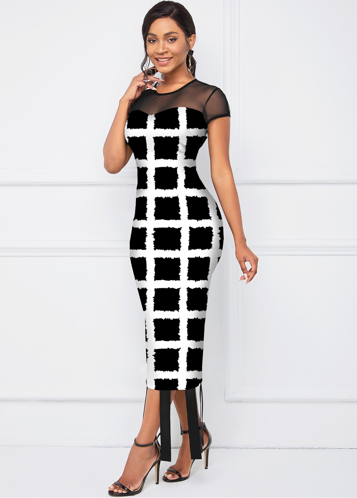 Multi Color dresses,Plaid dresses,ROTITA Round Neck Checkered Short Sleeve Dress
