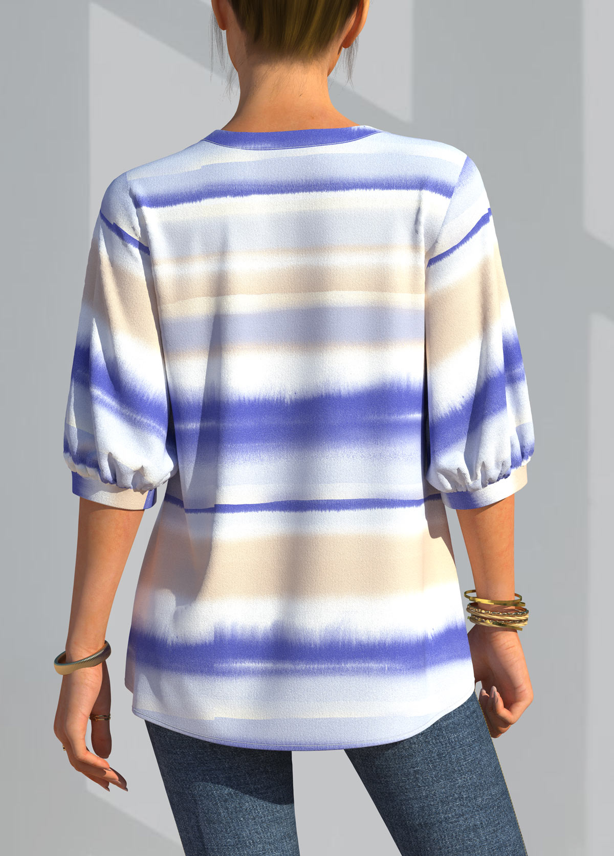 Multi Color tops,Tie Dye tops,ROTITA Tie Dye Three Quarters Sleeve Decorative Button Blouse