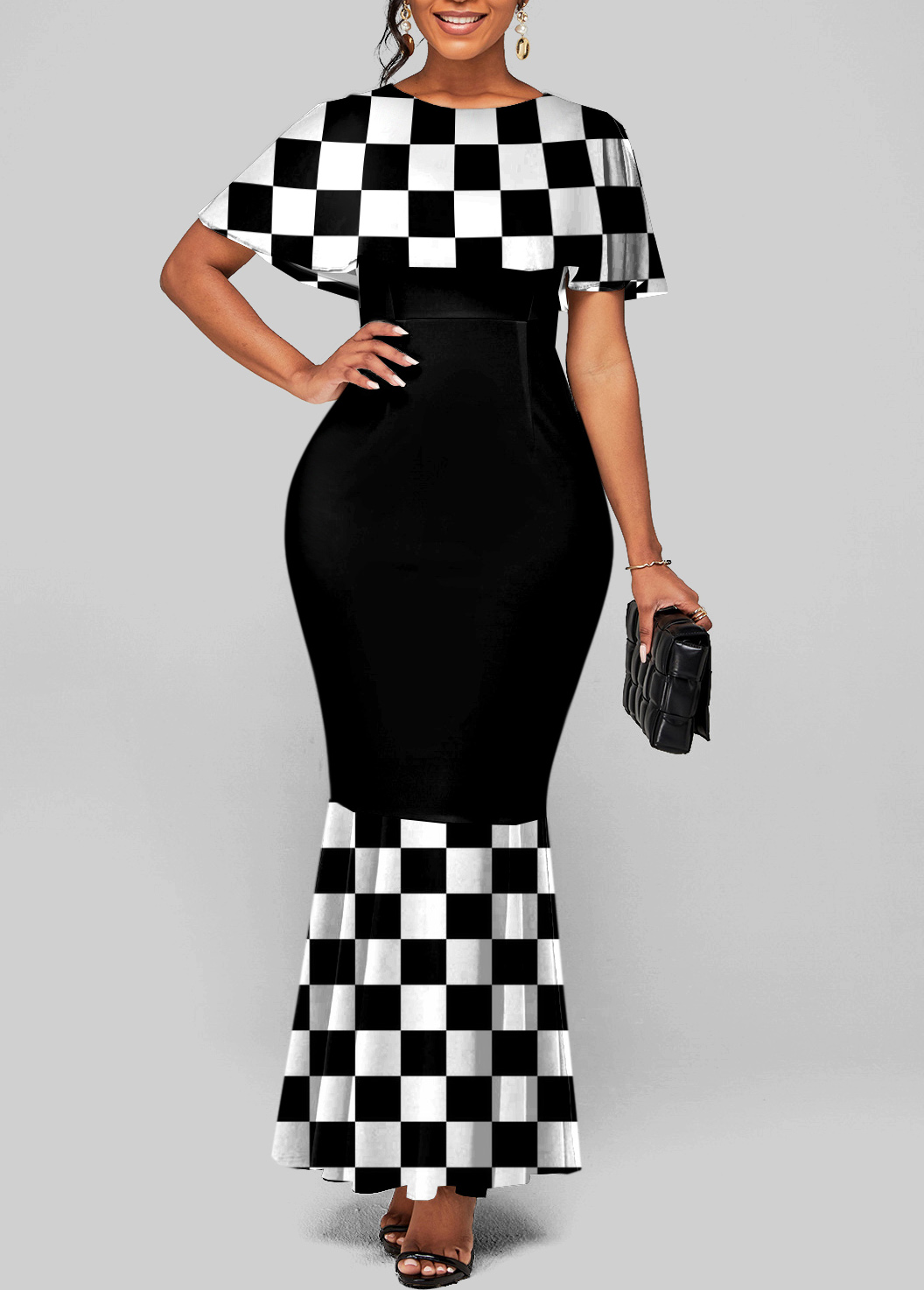 ROTITA Round Neck Checkerboard Pattern Short Sleeve Mermaid Dress